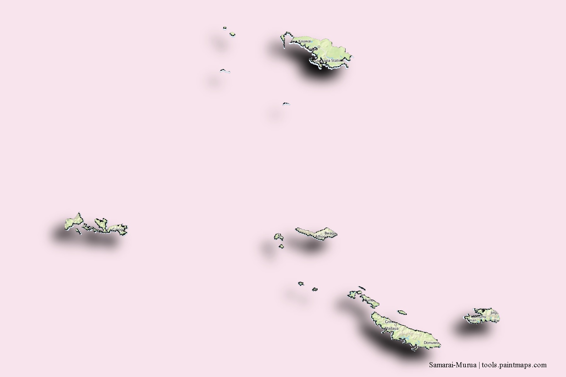 Samarai-Murua neighborhoods and villages map with 3D shadow effect