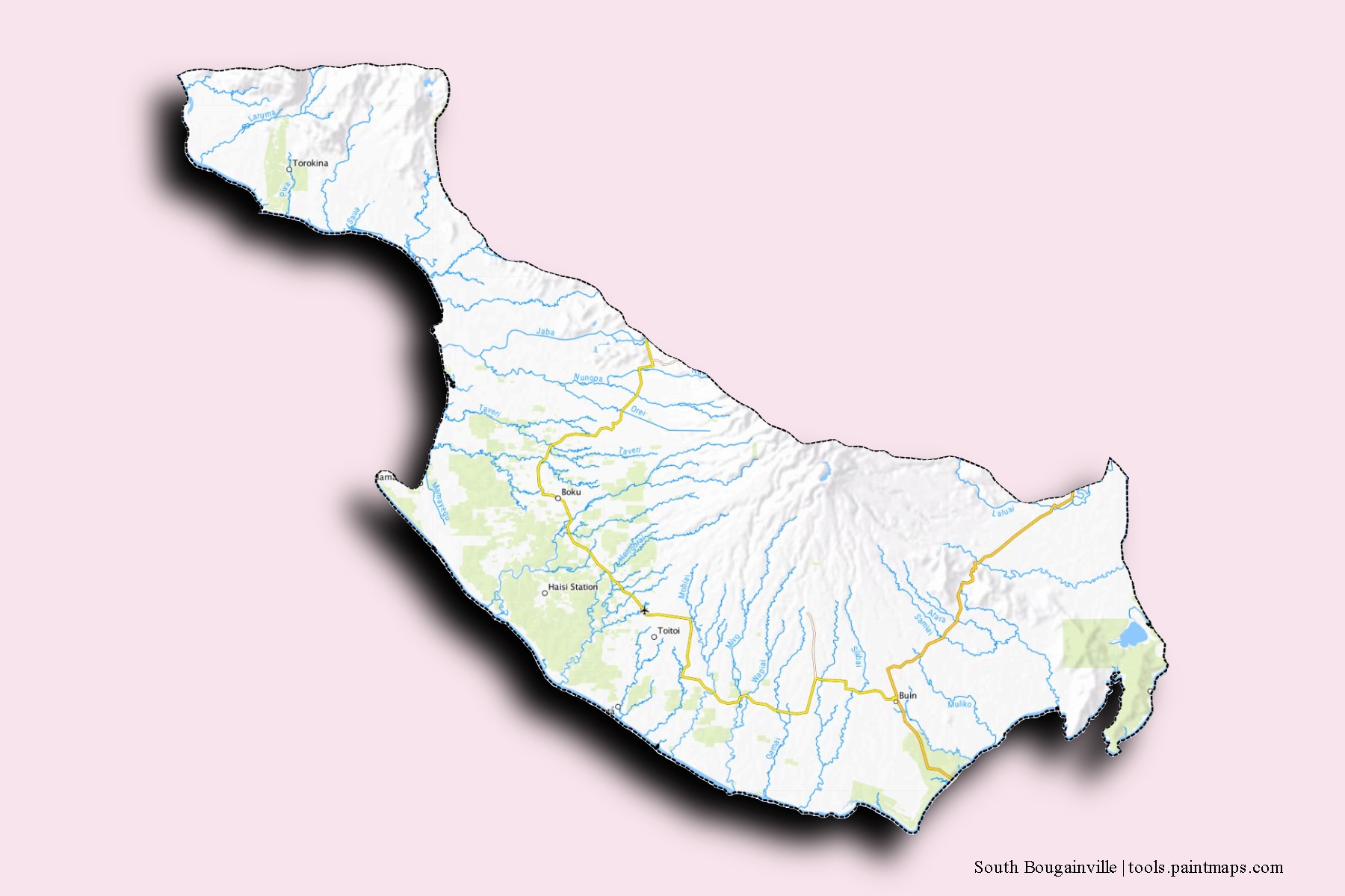 Mapa de barrios y pueblos de South Bougainville con efecto de sombra 3D