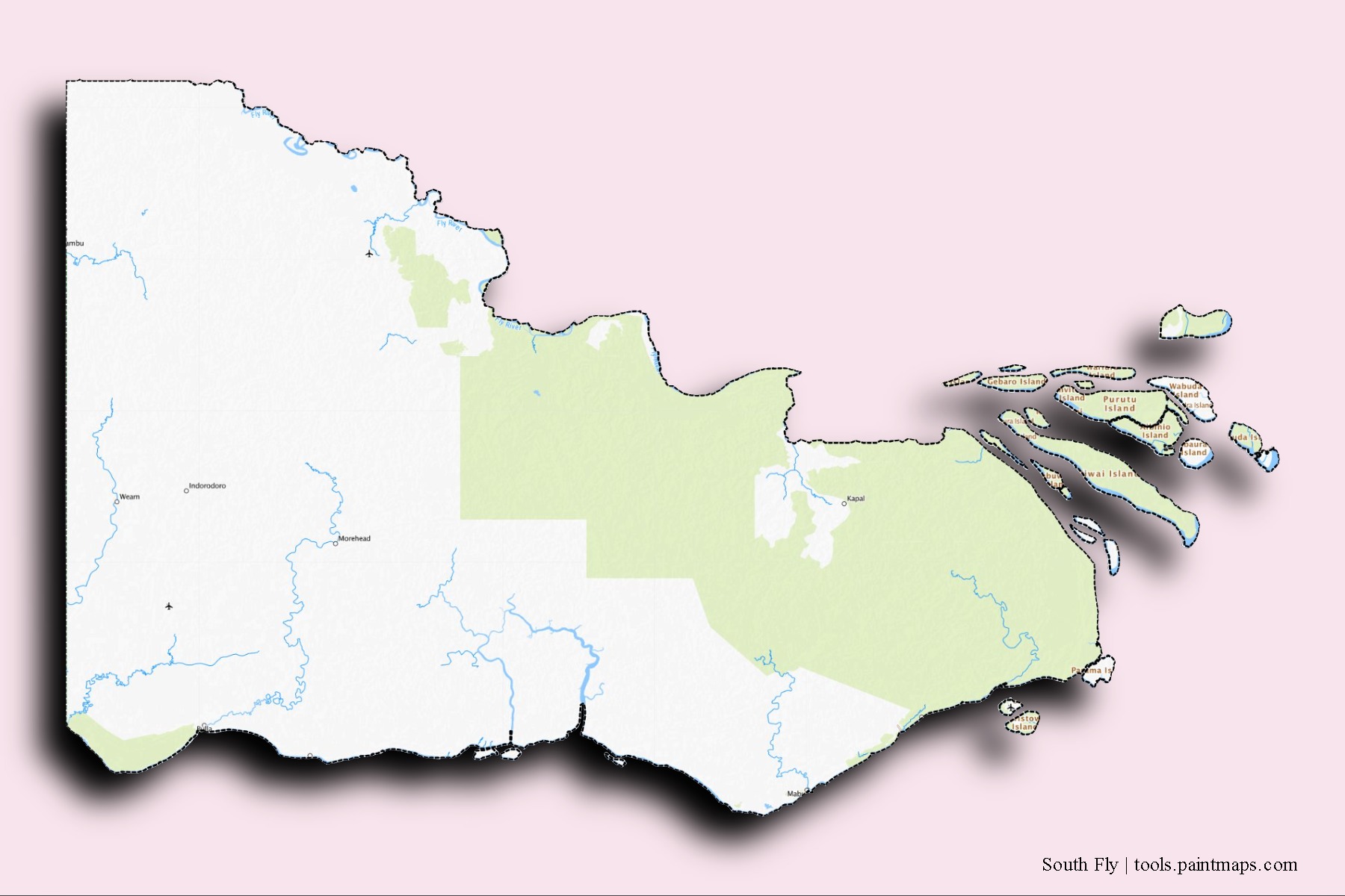 South Fly neighborhoods and villages map with 3D shadow effect