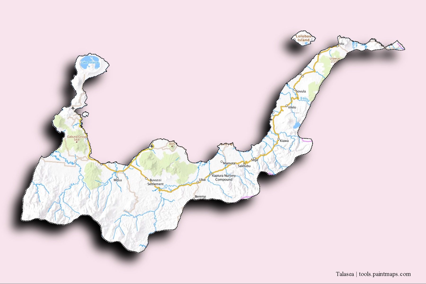 Mapa de barrios y pueblos de Talasea con efecto de sombra 3D