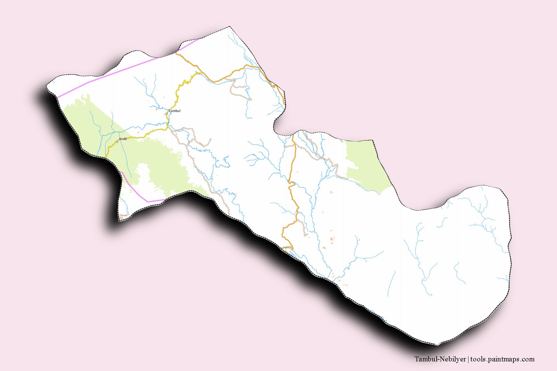 Mapa de barrios y pueblos de Tambul-Nebilyer con efecto de sombra 3D