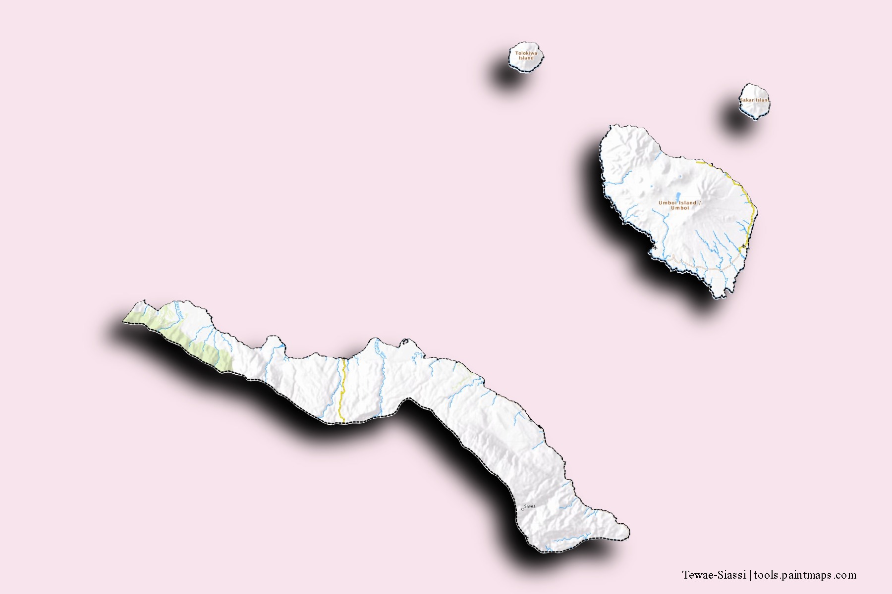 Tewae-Siassi neighborhoods and villages map with 3D shadow effect