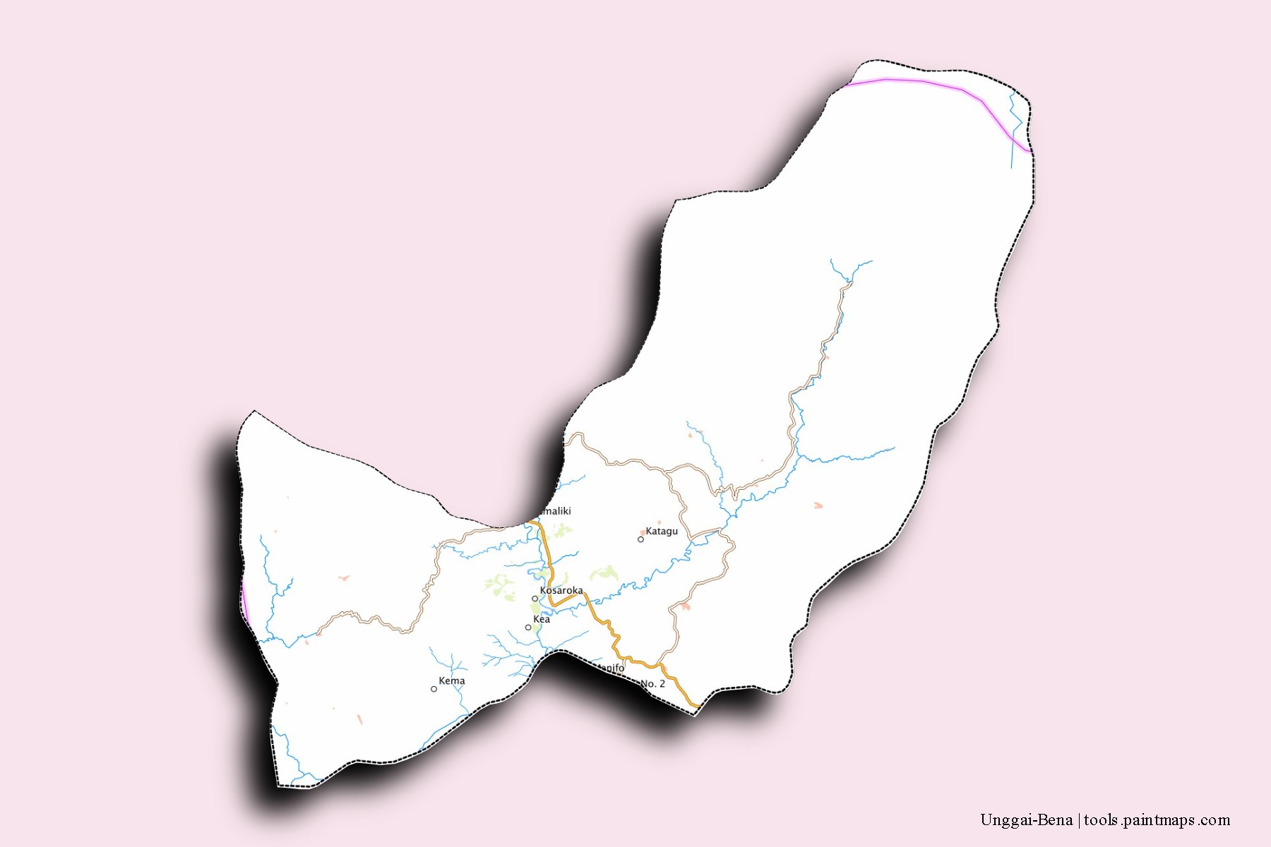 Mapa de barrios y pueblos de Unggai-Bena con efecto de sombra 3D