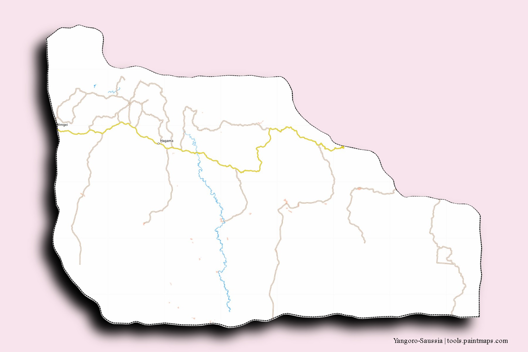 Mapa de barrios y pueblos de Yangoro-Saussia con efecto de sombra 3D