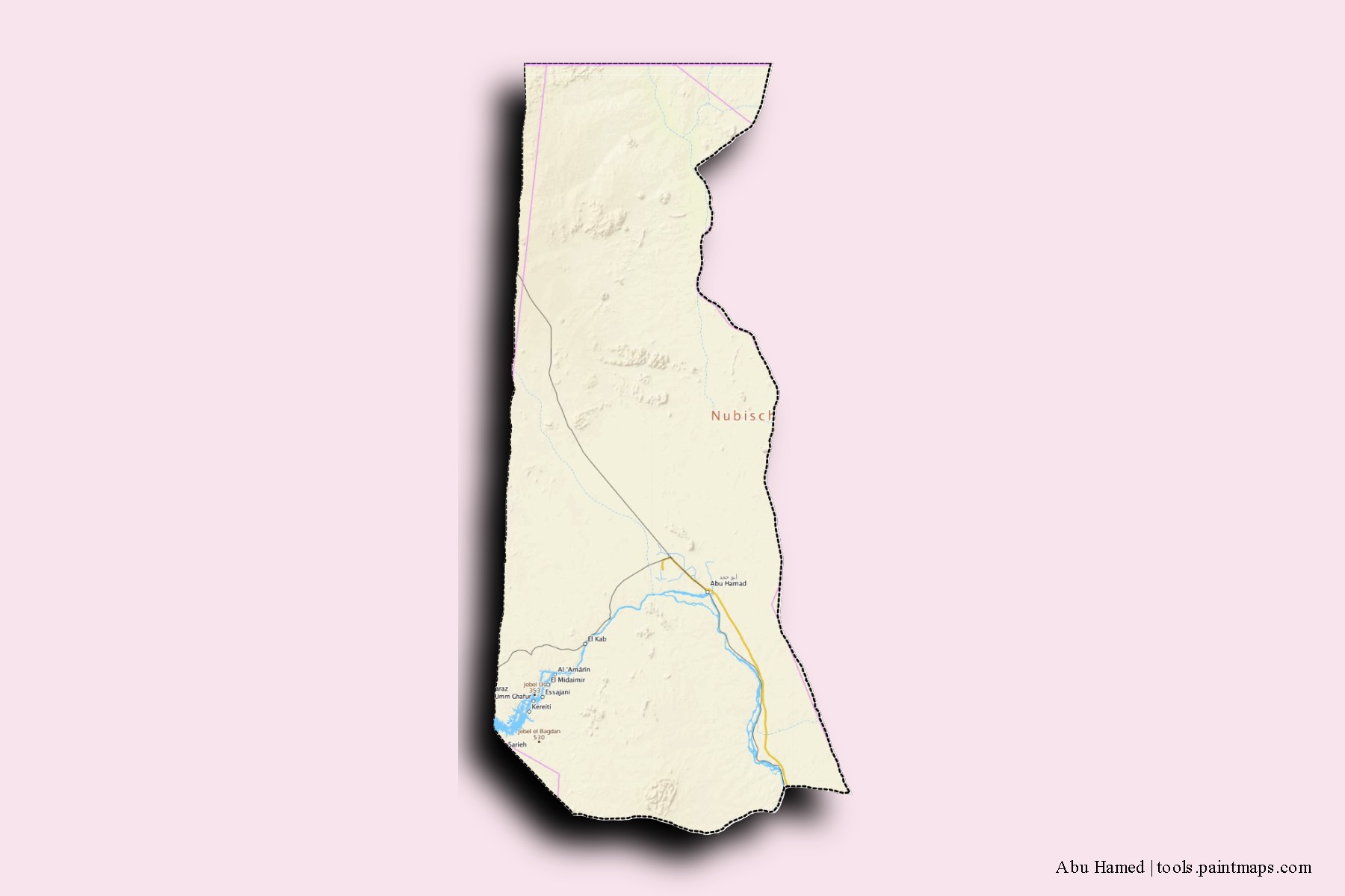 Mapa de barrios y pueblos de Abu Hamed con efecto de sombra 3D