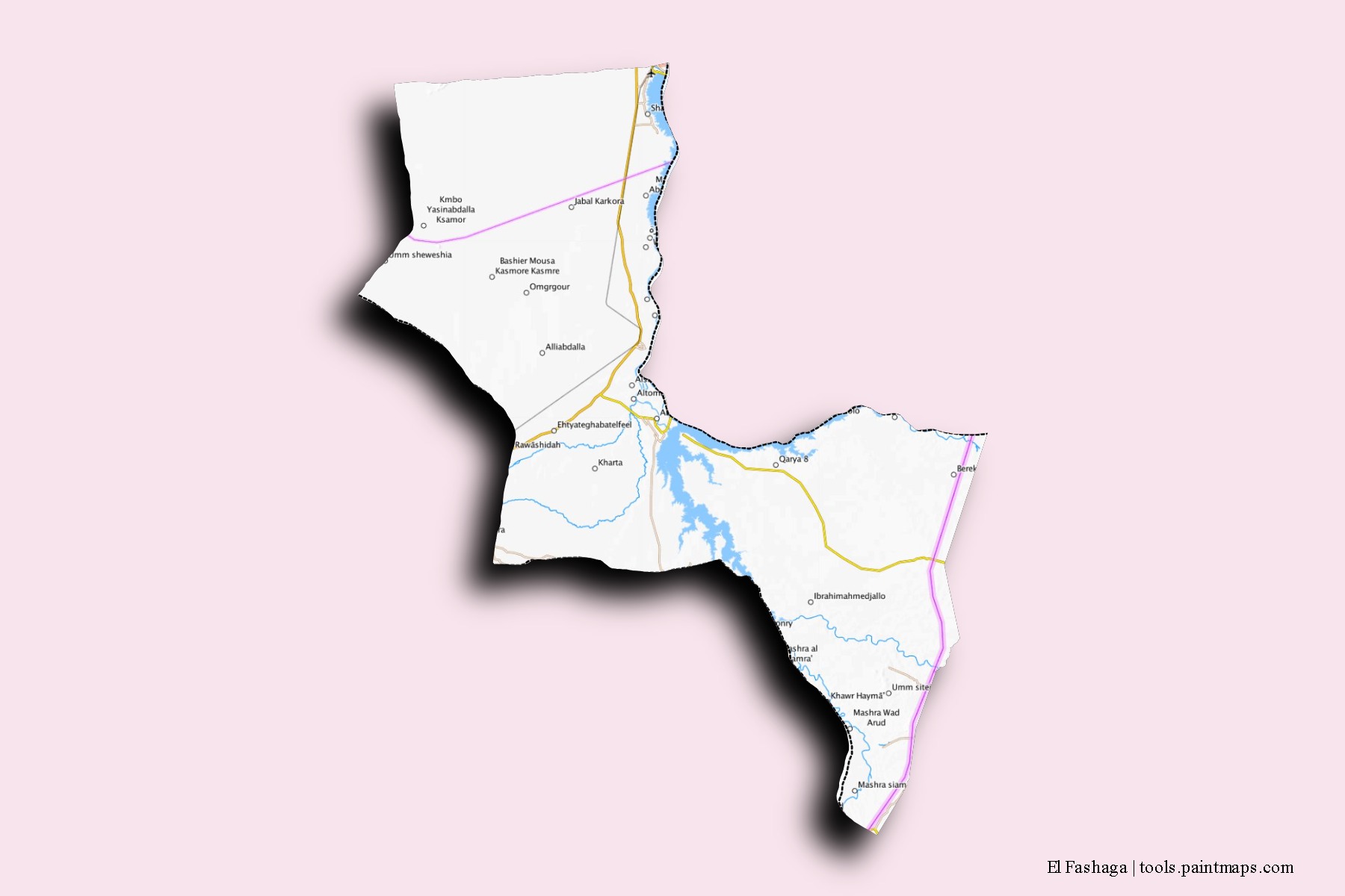 Mapa de barrios y pueblos de El Fashaga con efecto de sombra 3D