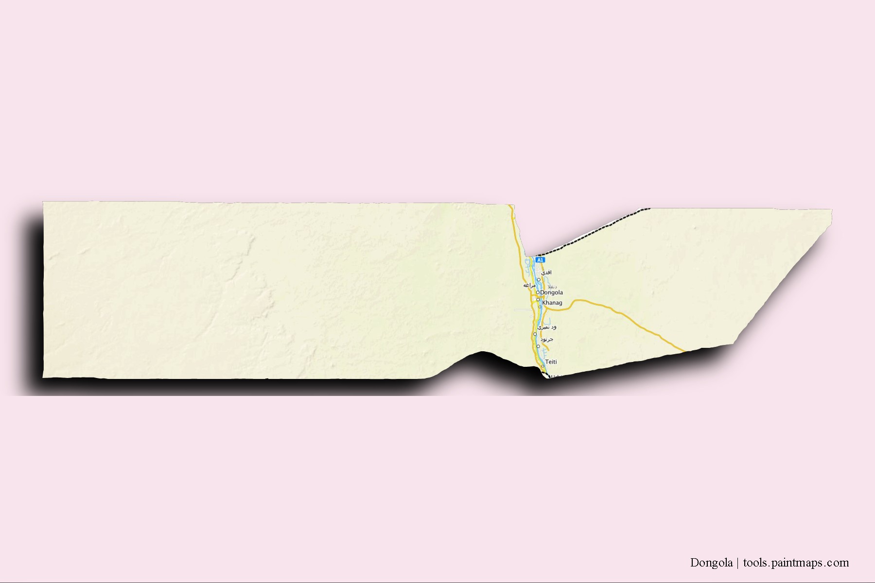 Mapa de barrios y pueblos de Dongola con efecto de sombra 3D