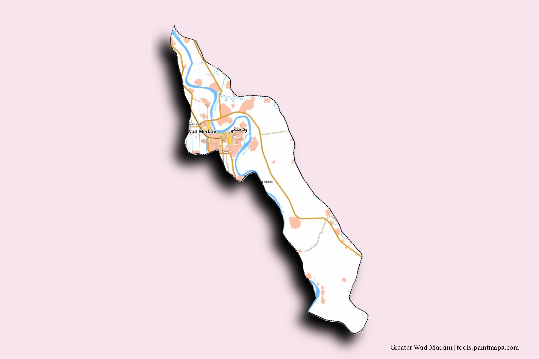 3D gölge efektli Greater Wad Madani mahalleleri ve köyleri haritası