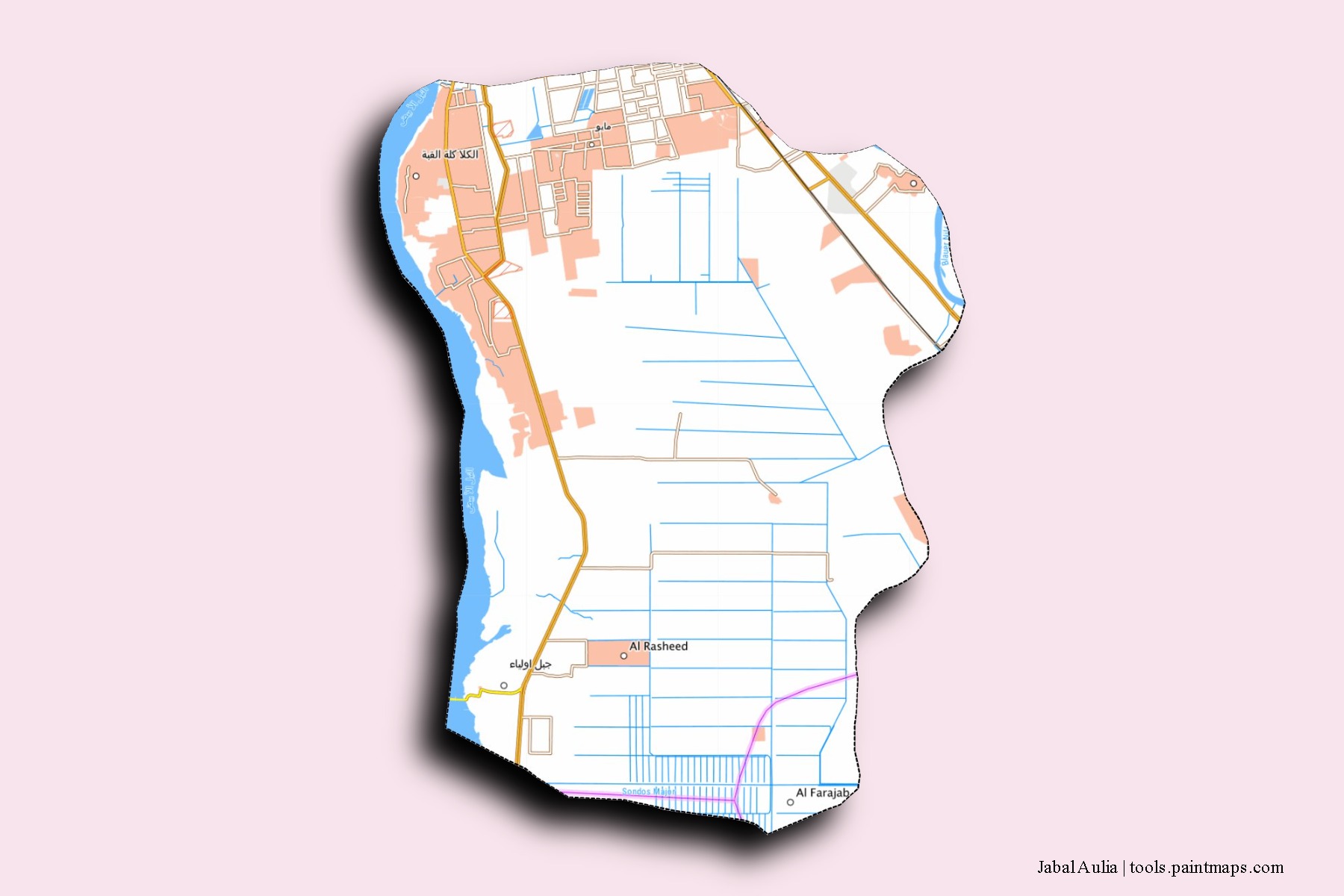 Mapa de barrios y pueblos de Jabal Aulia con efecto de sombra 3D