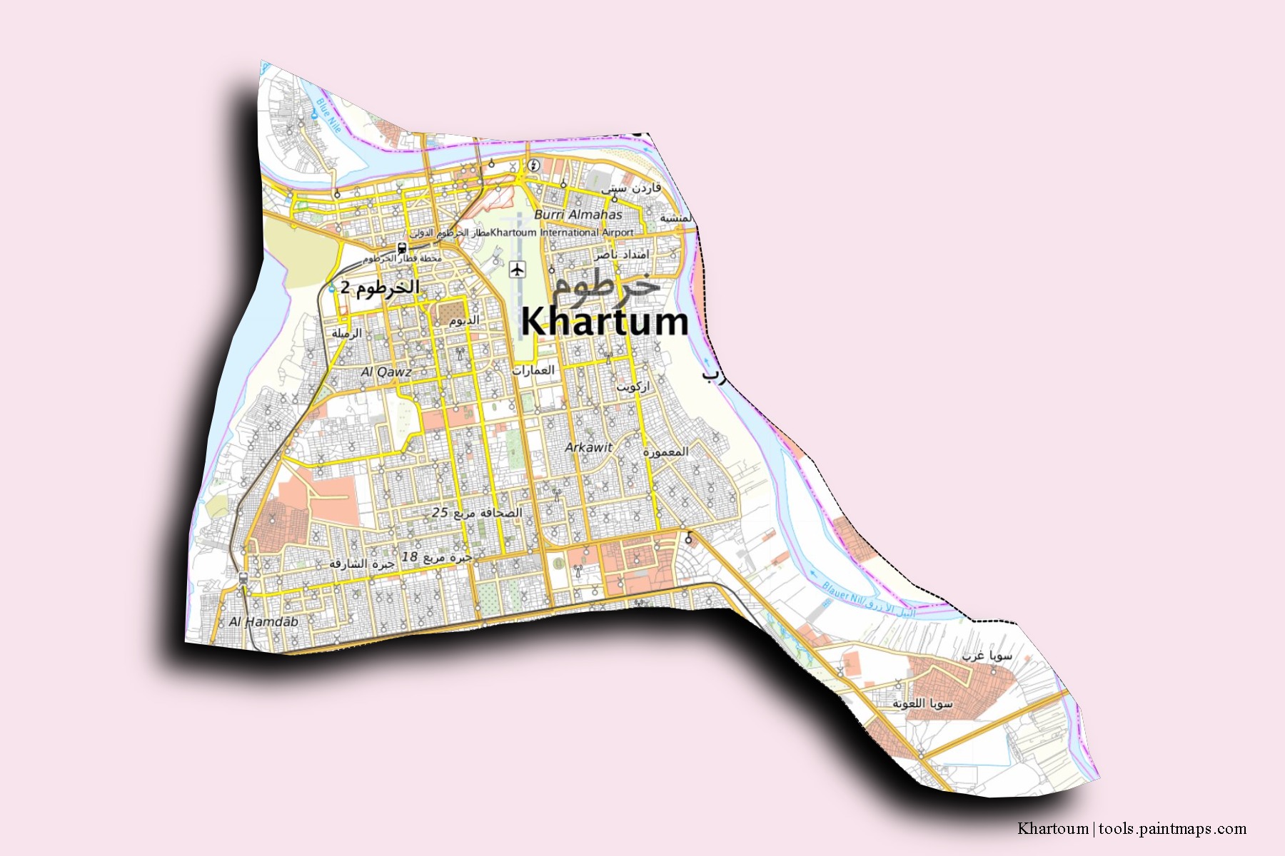 Khartoum neighborhoods and villages map with 3D shadow effect