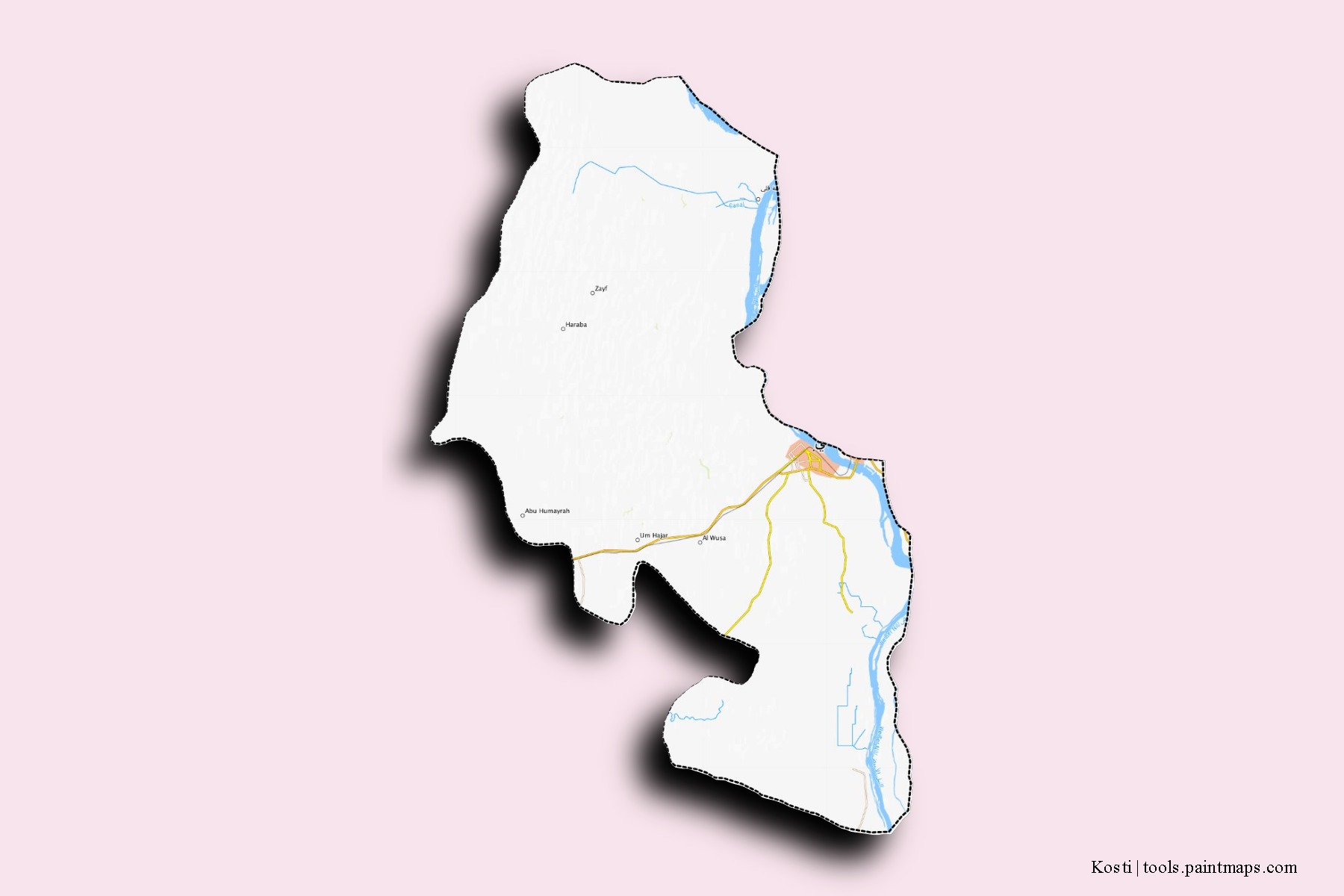 Mapa de barrios y pueblos de Kosti con efecto de sombra 3D