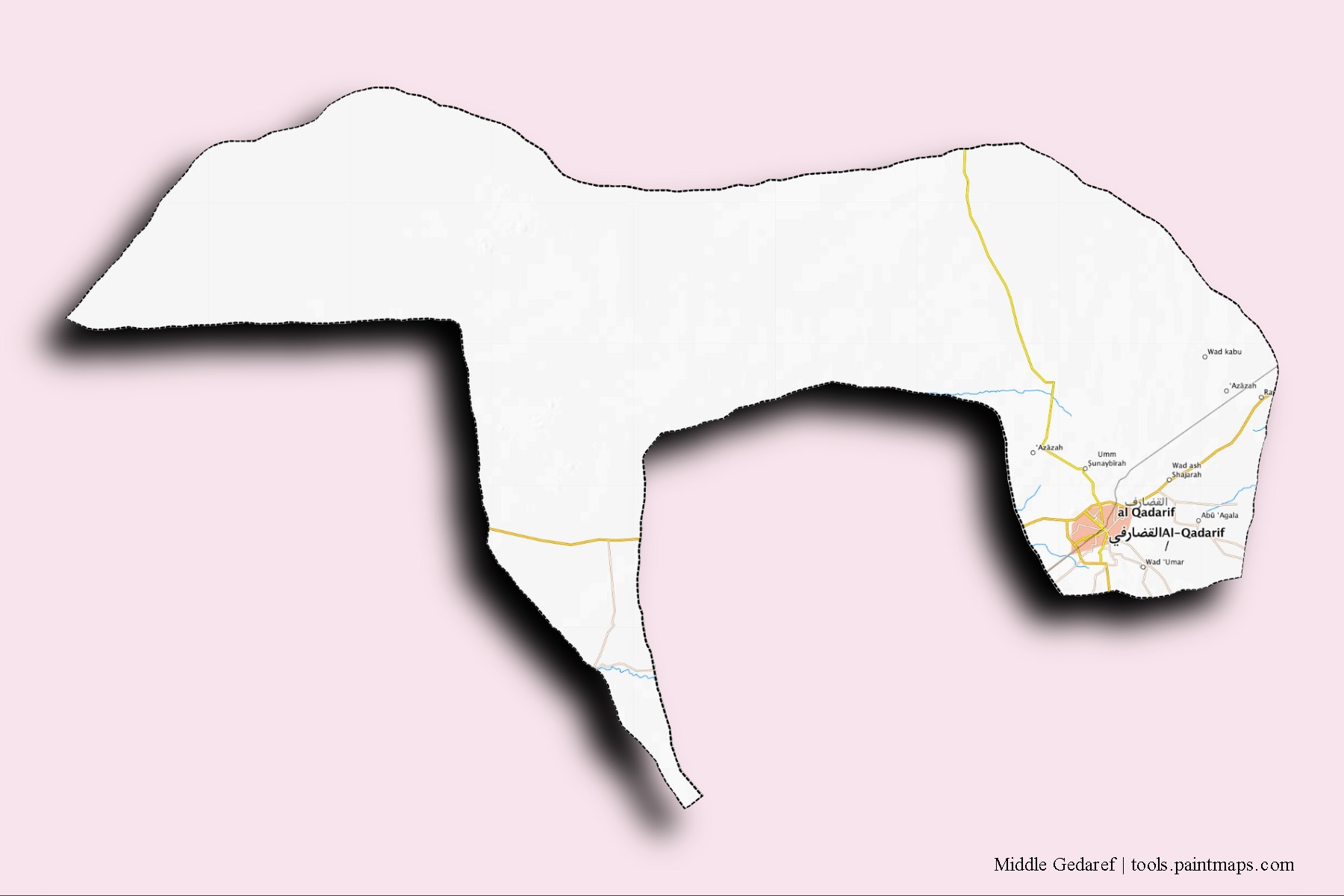 Central Al Gedarif neighborhoods and villages map with 3D shadow effect