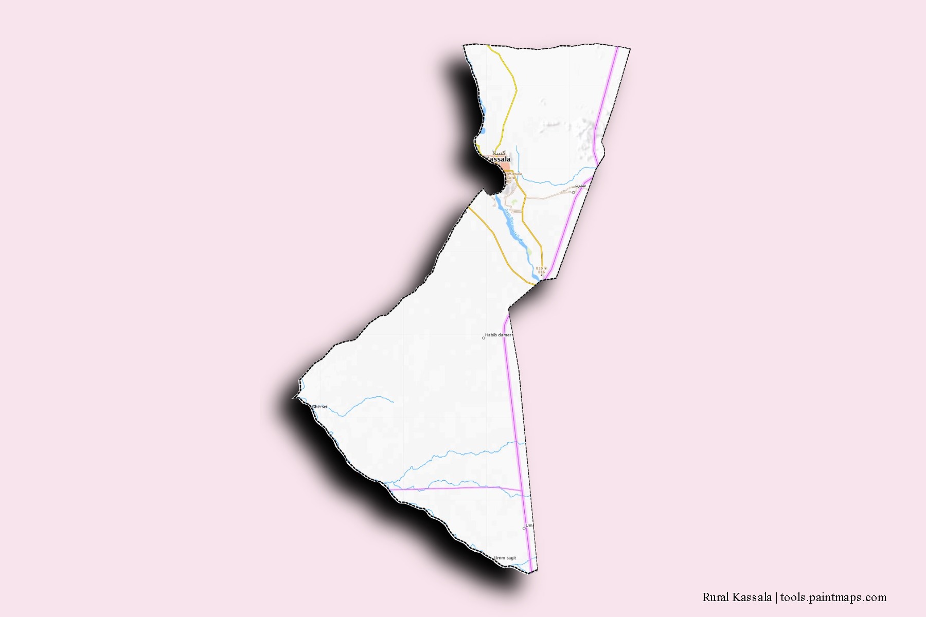 3D gölge efektli Rural Kassala mahalleleri ve köyleri haritası