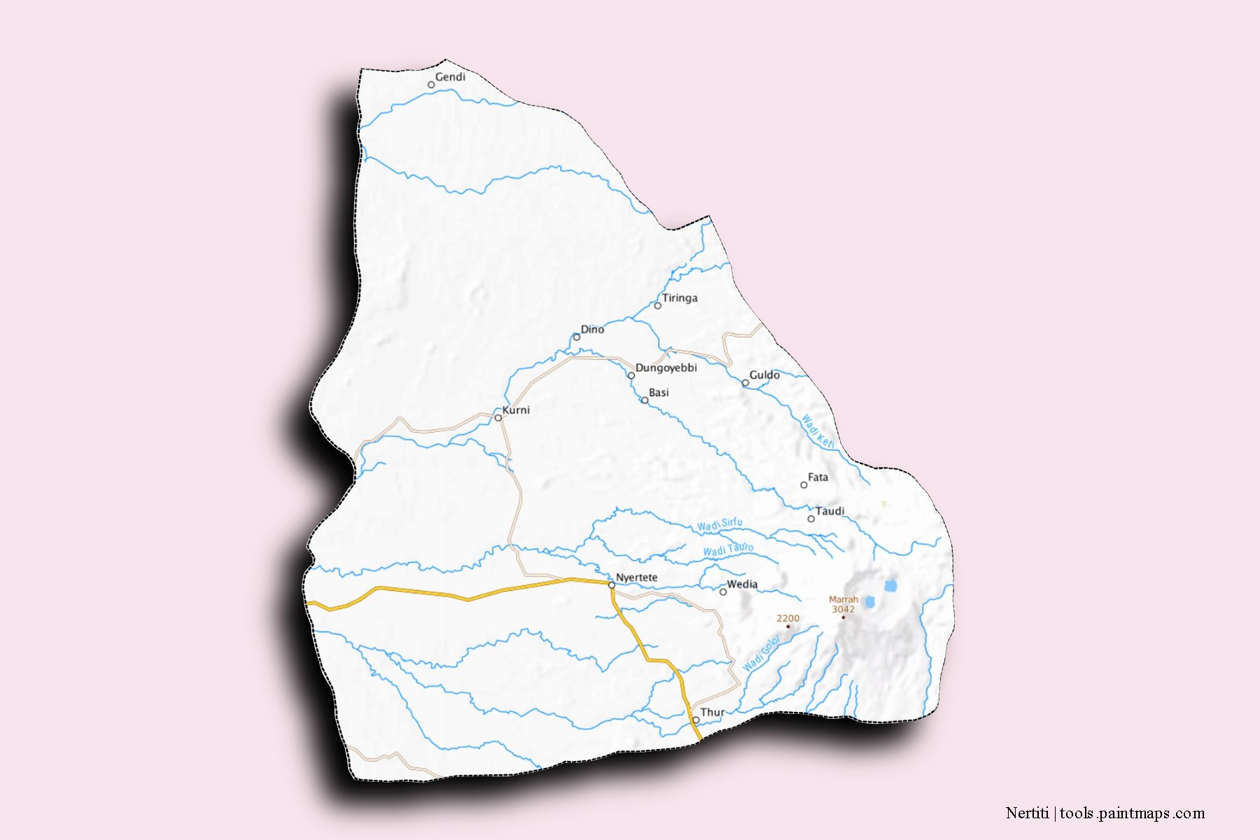 Mapa de barrios y pueblos de Nertiti con efecto de sombra 3D