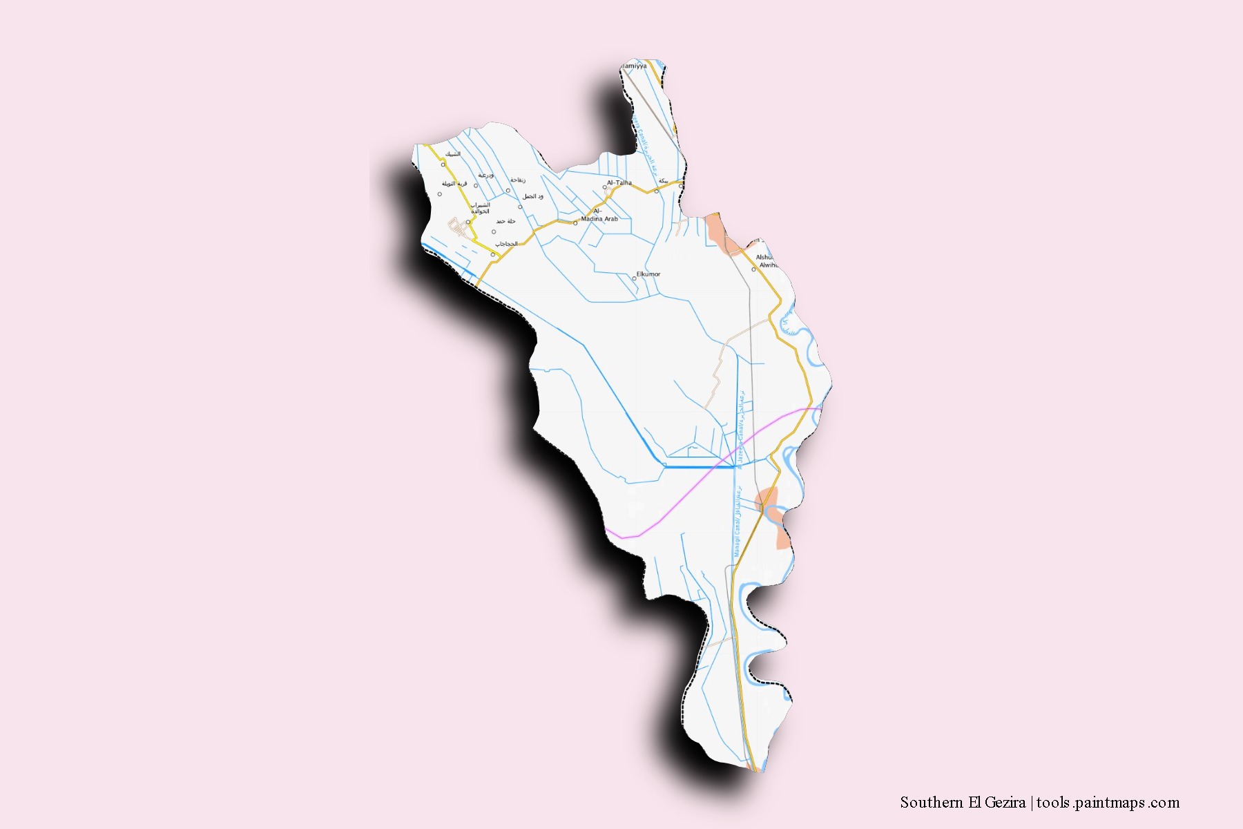 South Al Jazeera neighborhoods and villages map with 3D shadow effect