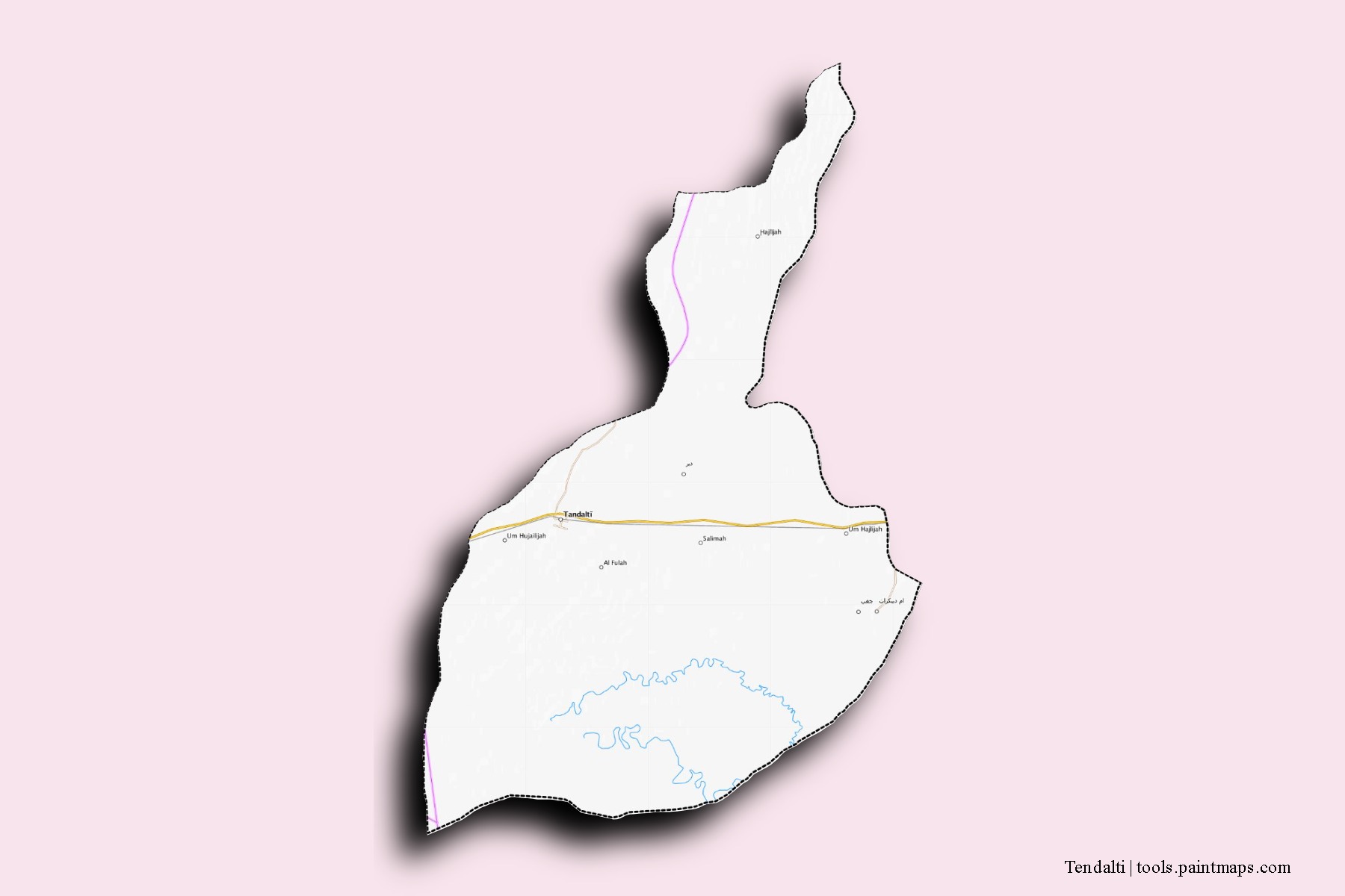 Mapa de barrios y pueblos de Tendalti con efecto de sombra 3D