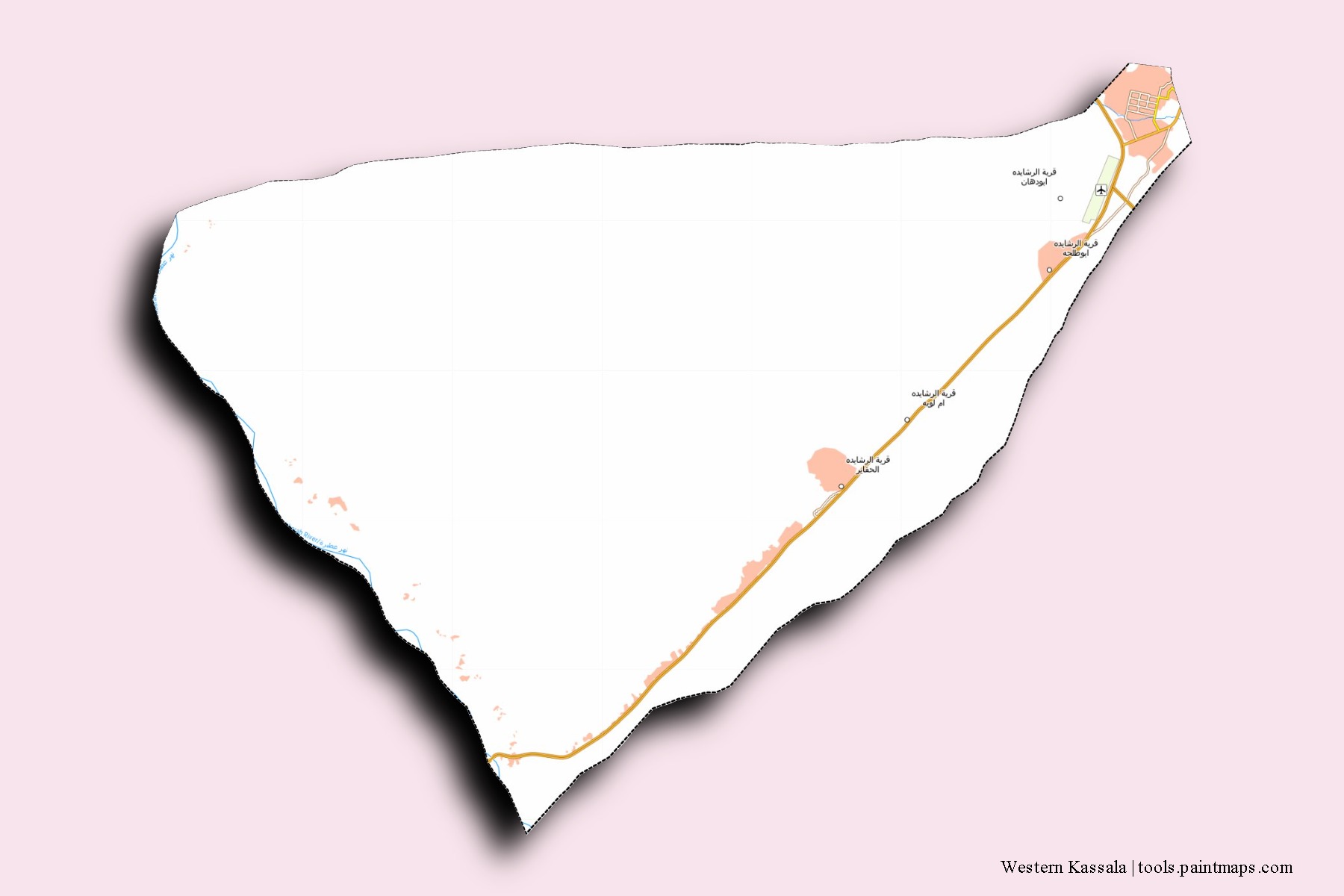 Mapa de barrios y pueblos de Western Kassala con efecto de sombra 3D