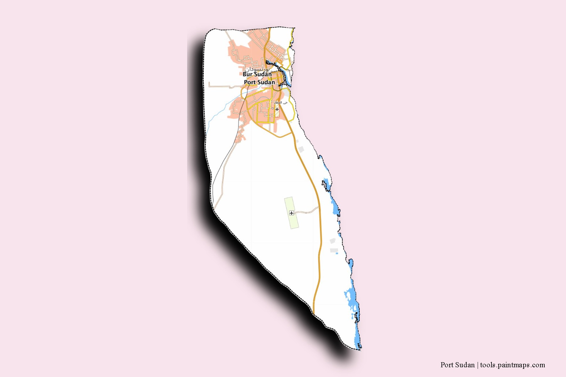 Port Sudan neighborhoods and villages map with 3D shadow effect