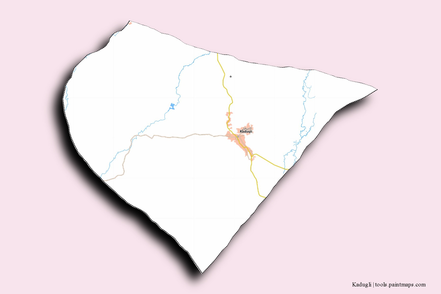 Mapa de barrios y pueblos de Kadugli con efecto de sombra 3D