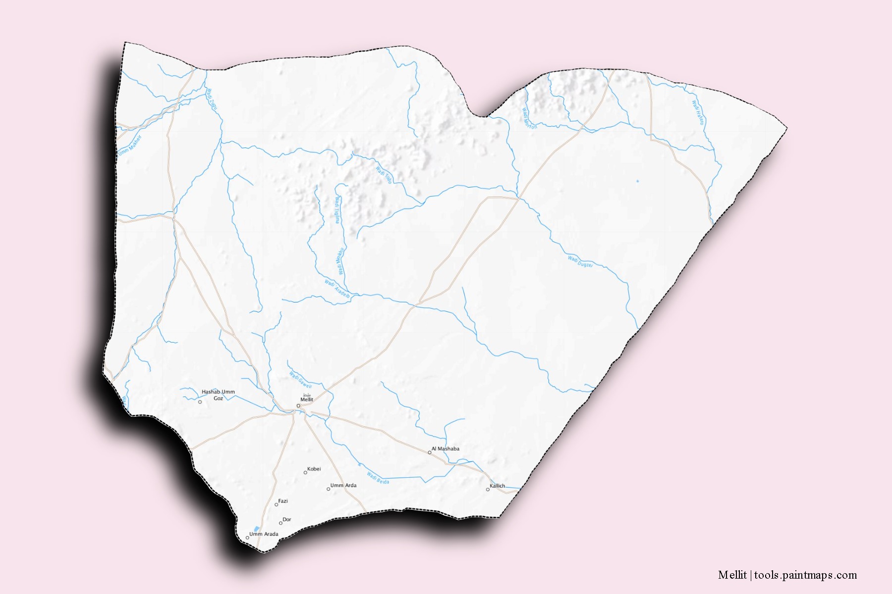 Mellit neighborhoods and villages map with 3D shadow effect