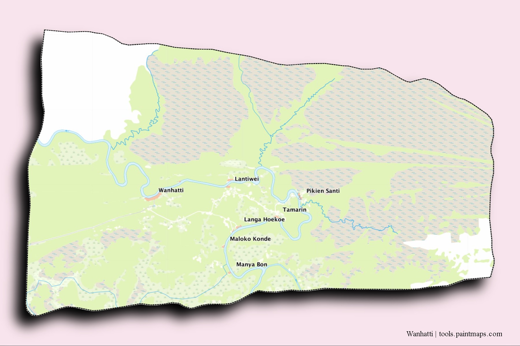 Mapa de barrios y pueblos de Wanhatti con efecto de sombra 3D