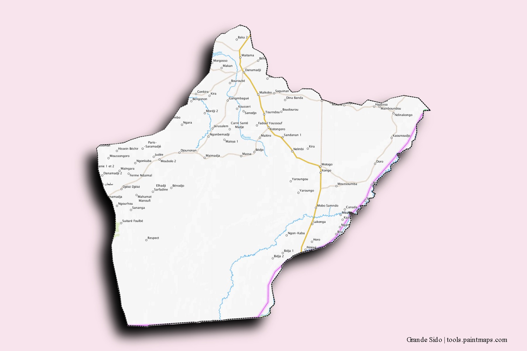 Mapa de barrios y pueblos de Grande Sido con efecto de sombra 3D