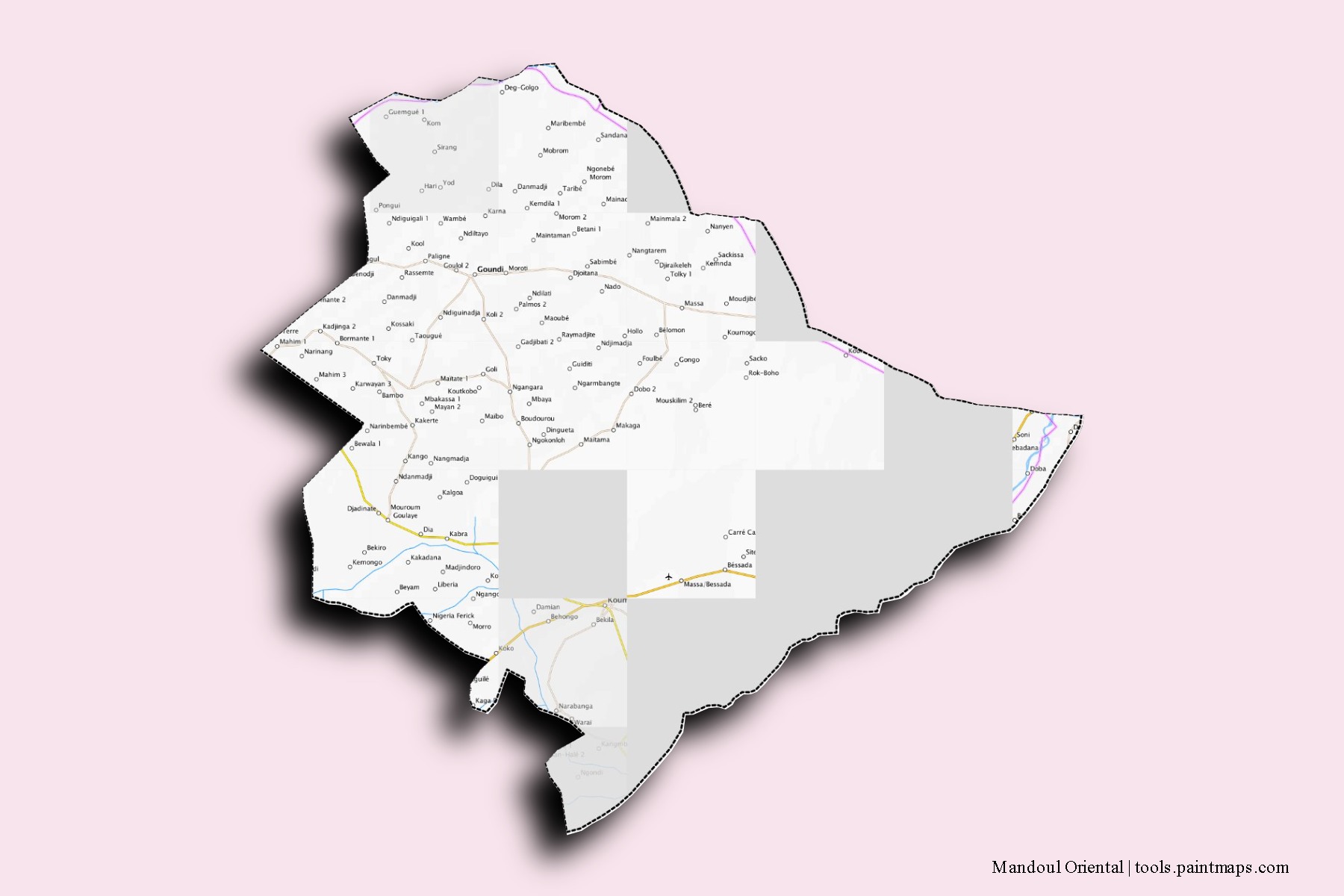 Mapa de barrios y pueblos de Mandoul Oriental con efecto de sombra 3D