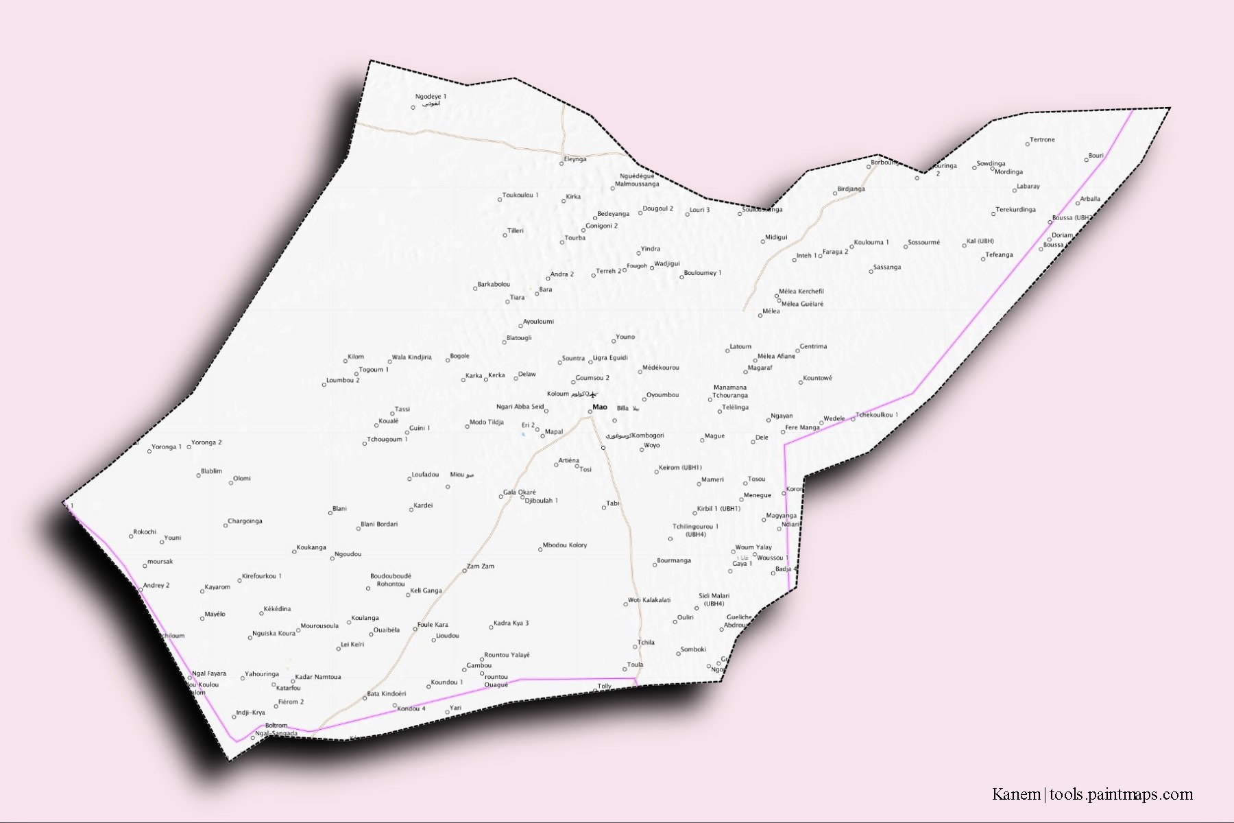 Mapa de barrios y pueblos de Kanem con efecto de sombra 3D