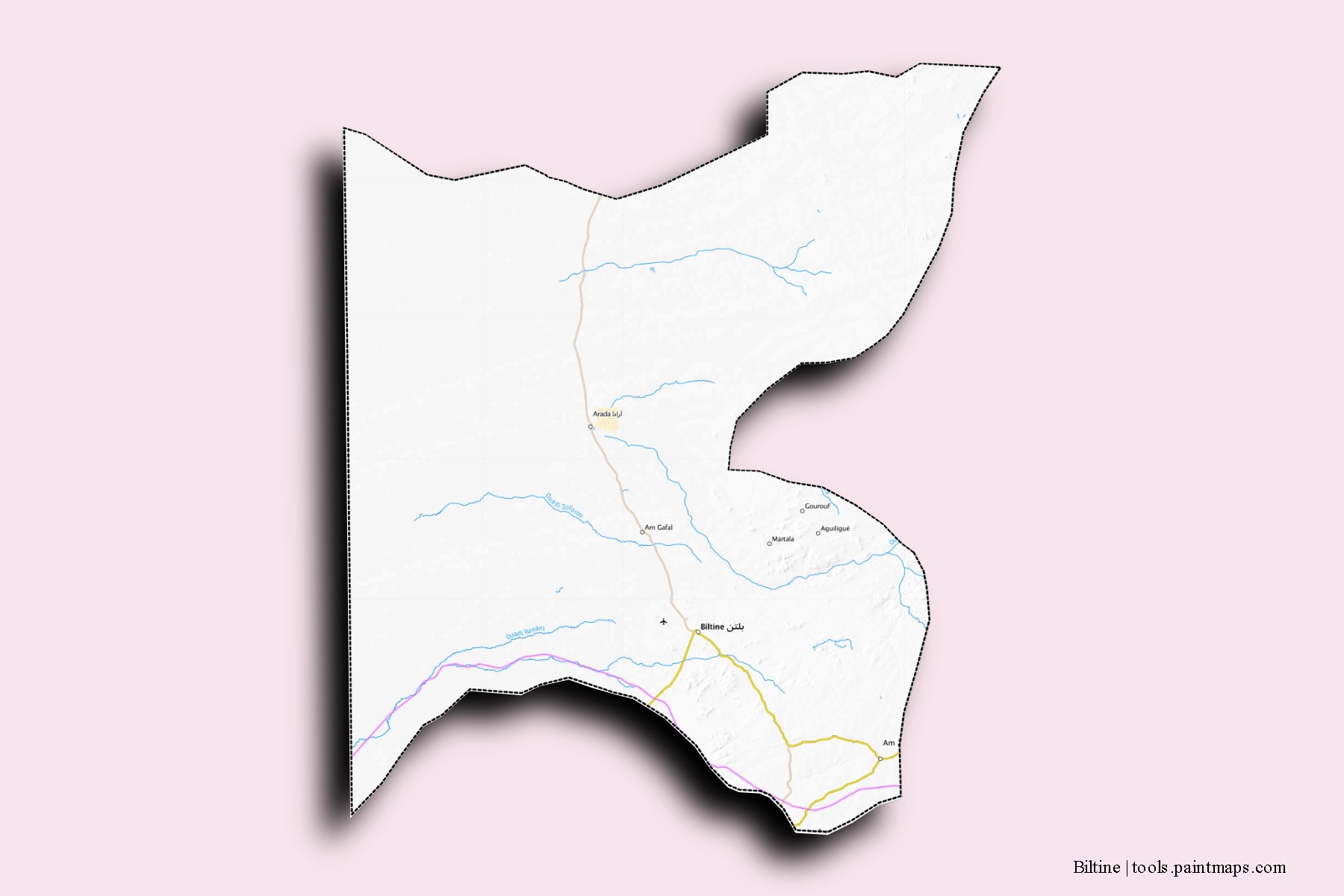 Mapa de barrios y pueblos de Biltine con efecto de sombra 3D