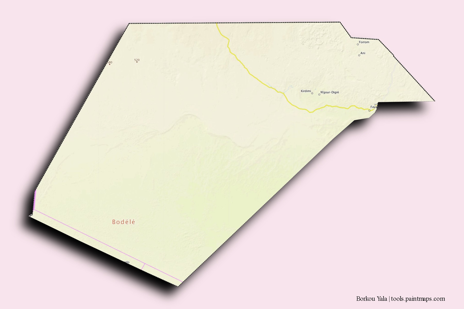 Borkou Yala neighborhoods and villages map with 3D shadow effect