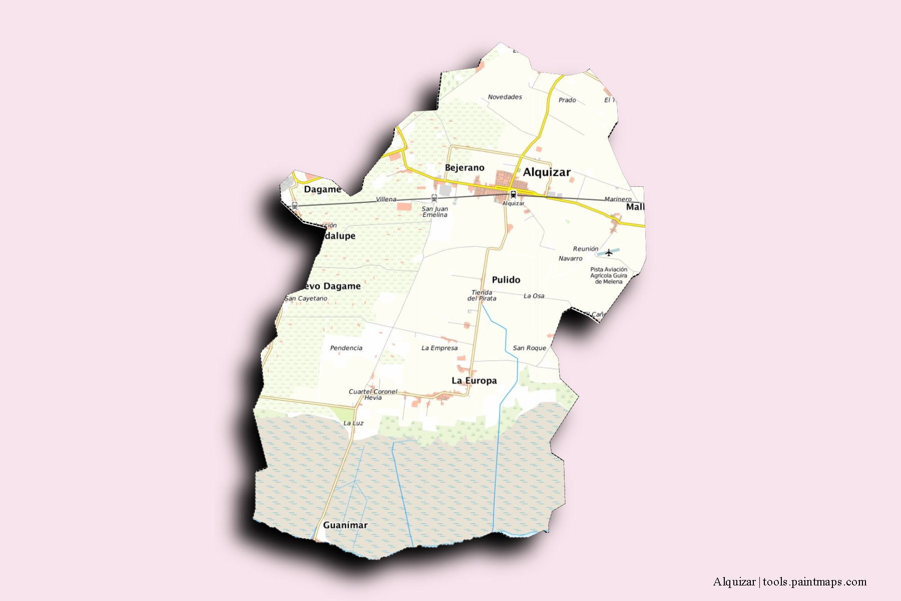 Mapa de barrios y pueblos de Alquizar con efecto de sombra 3D