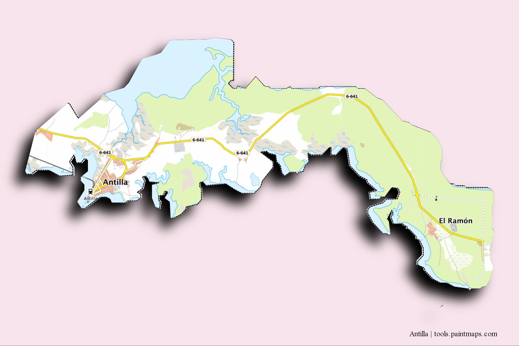 Mapa de barrios y pueblos de Antilla con efecto de sombra 3D