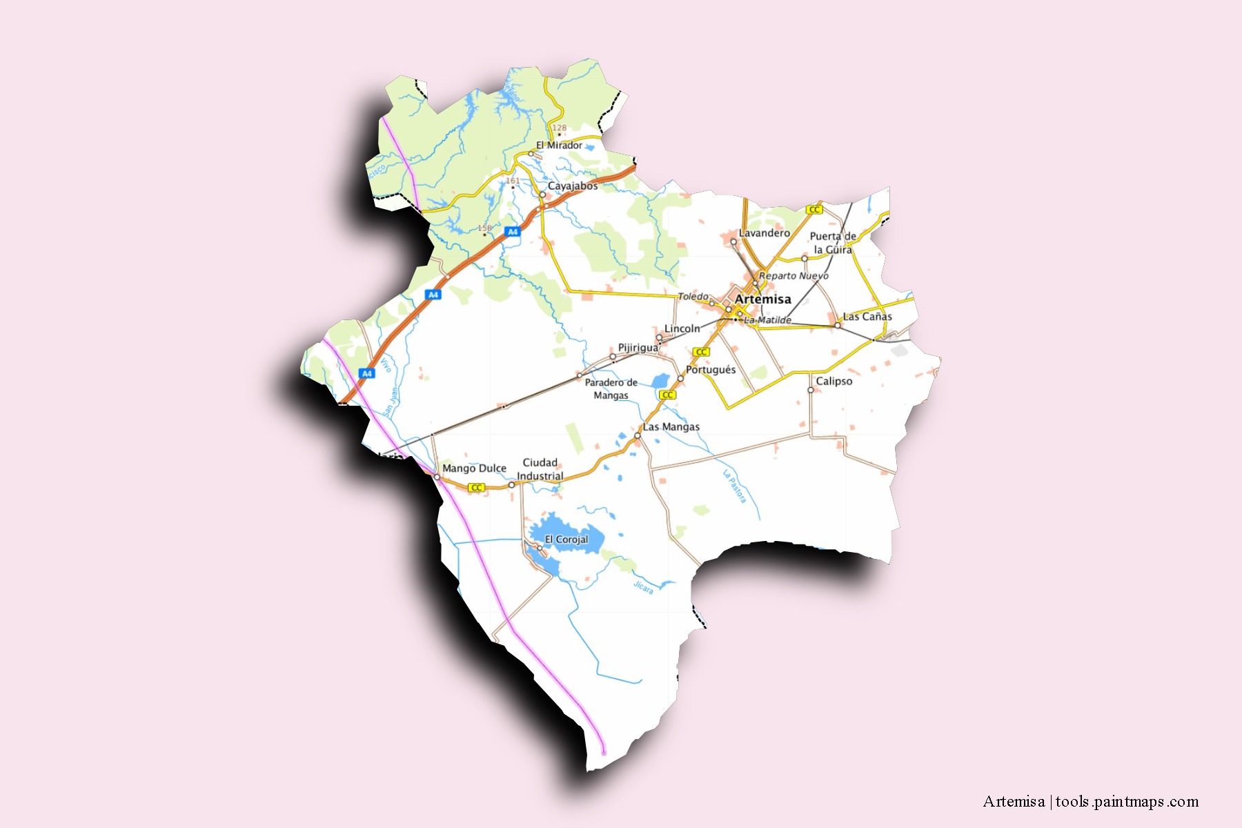 Mapa de barrios y pueblos de Artemisa con efecto de sombra 3D