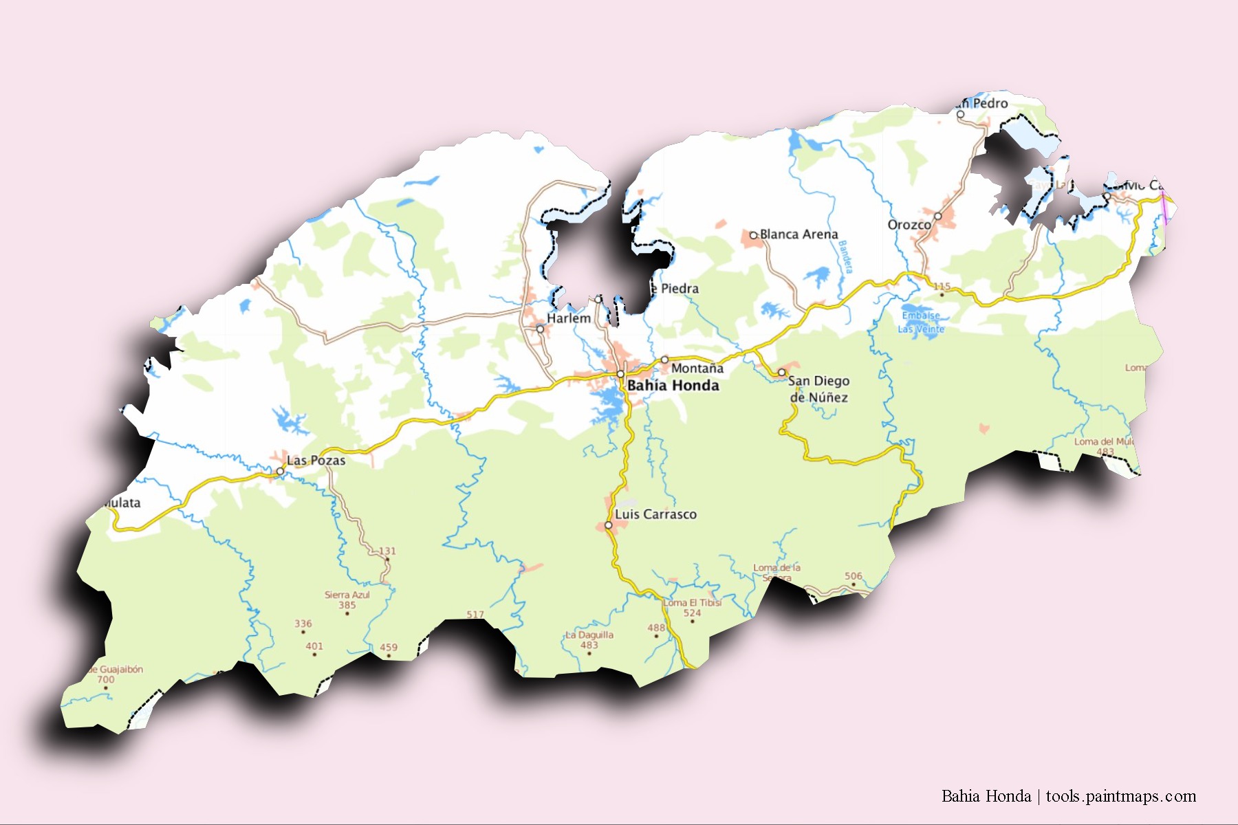 Mapa de barrios y pueblos de Bahia Honda con efecto de sombra 3D