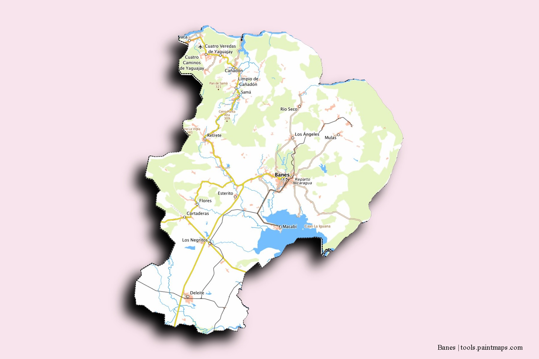 Mapa de barrios y pueblos de Banes con efecto de sombra 3D