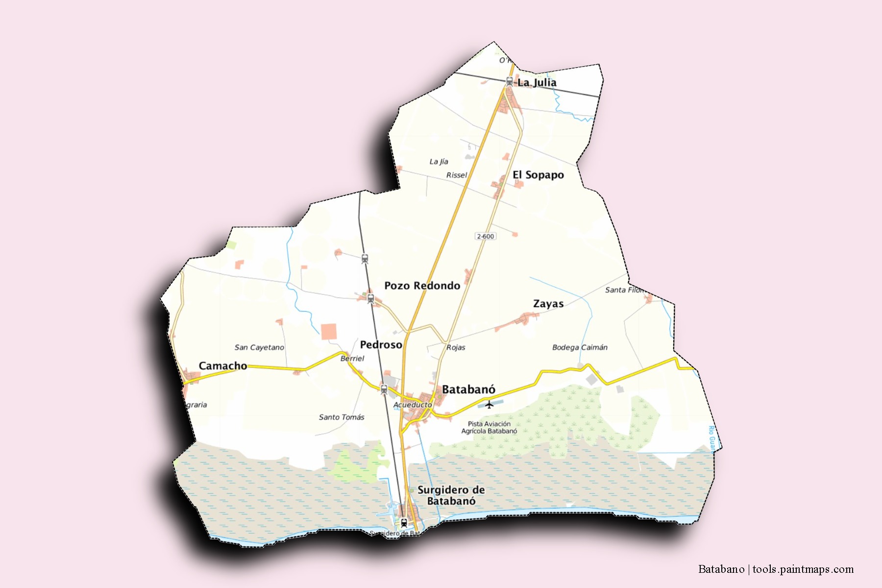 Mapa de barrios y pueblos de Batabano con efecto de sombra 3D