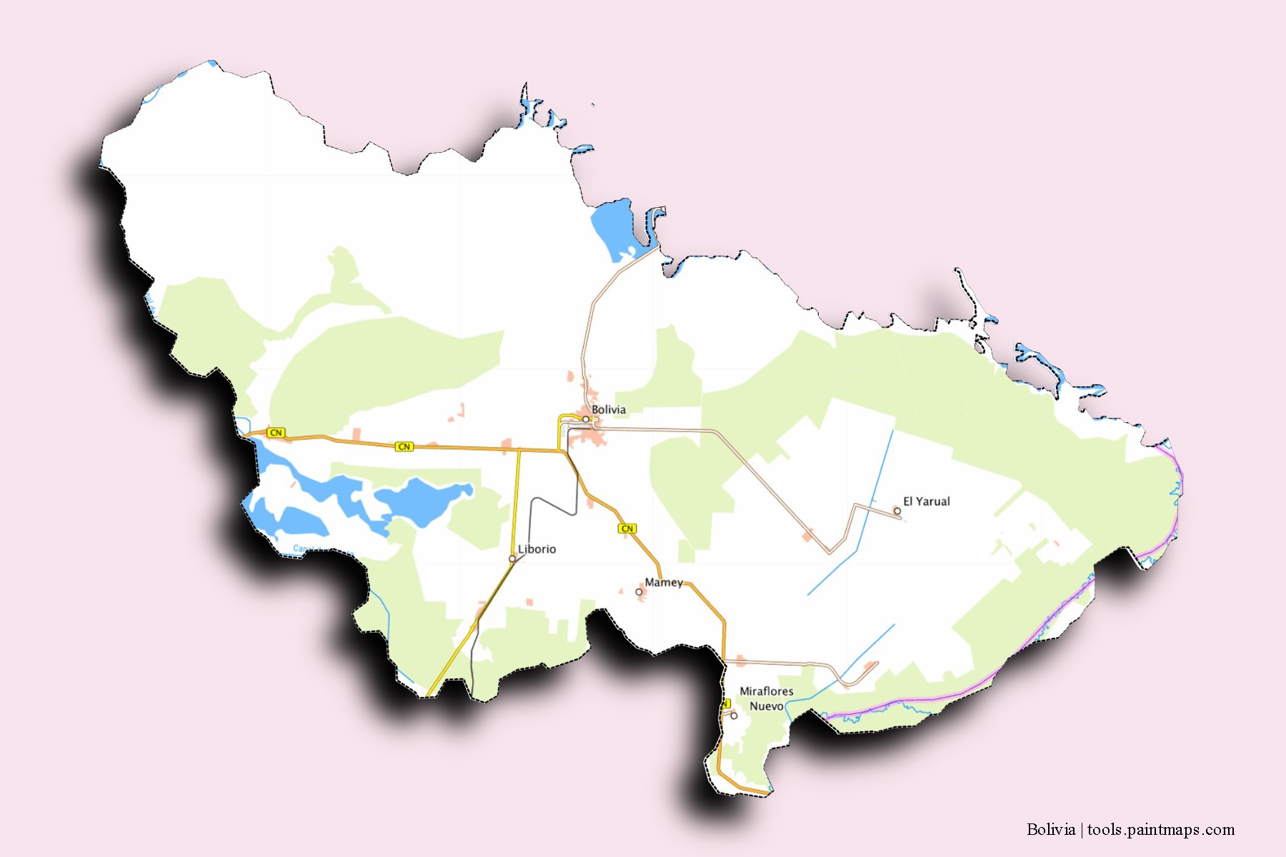 Bolivia neighborhoods and villages map with 3D shadow effect