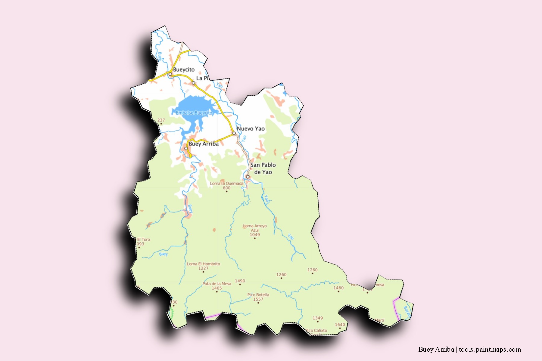 Mapa de barrios y pueblos de Buey Arriba con efecto de sombra 3D