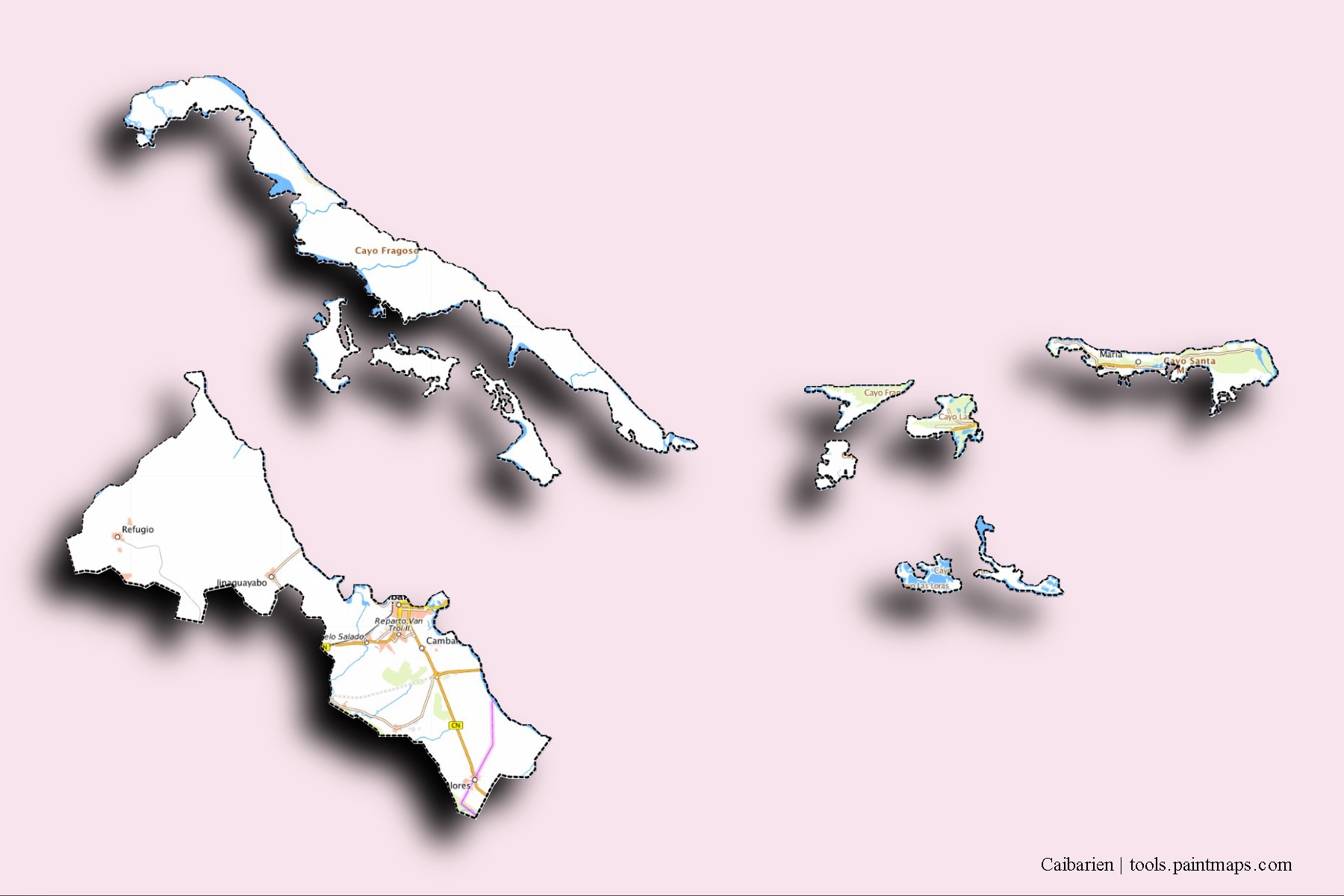 Caibarién neighborhoods and villages map with 3D shadow effect