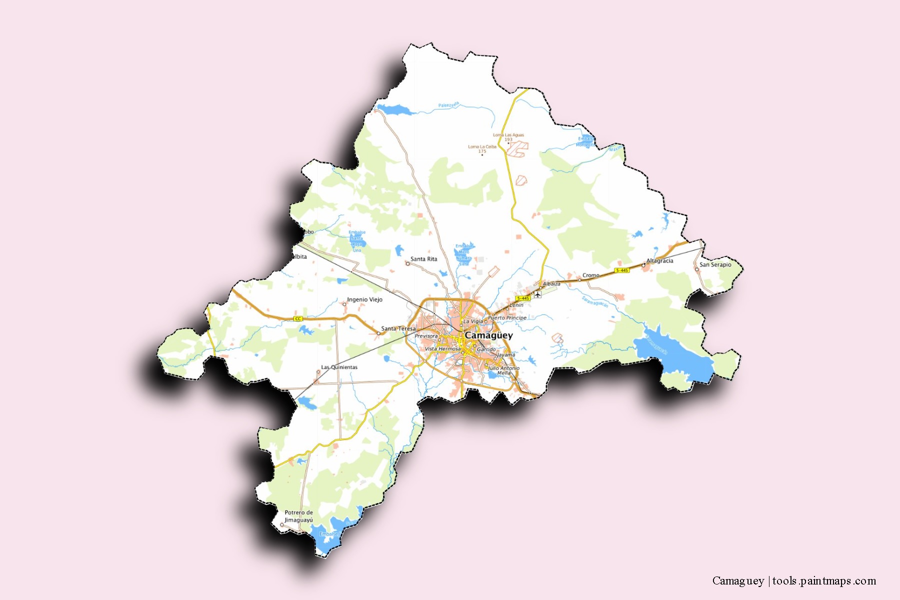 Mapa de barrios y pueblos de Camaguey con efecto de sombra 3D