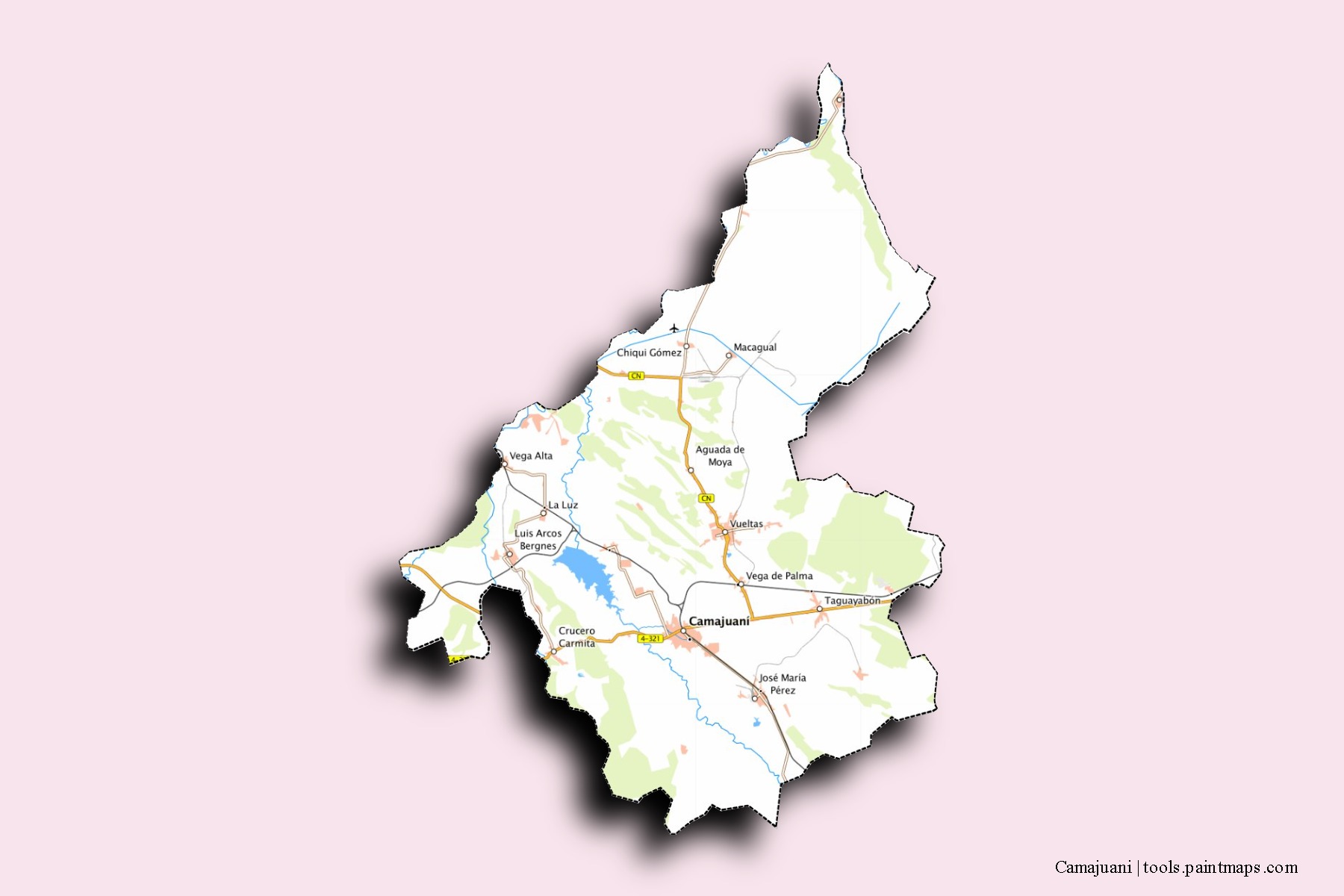 Mapa de barrios y pueblos de Camajuani con efecto de sombra 3D