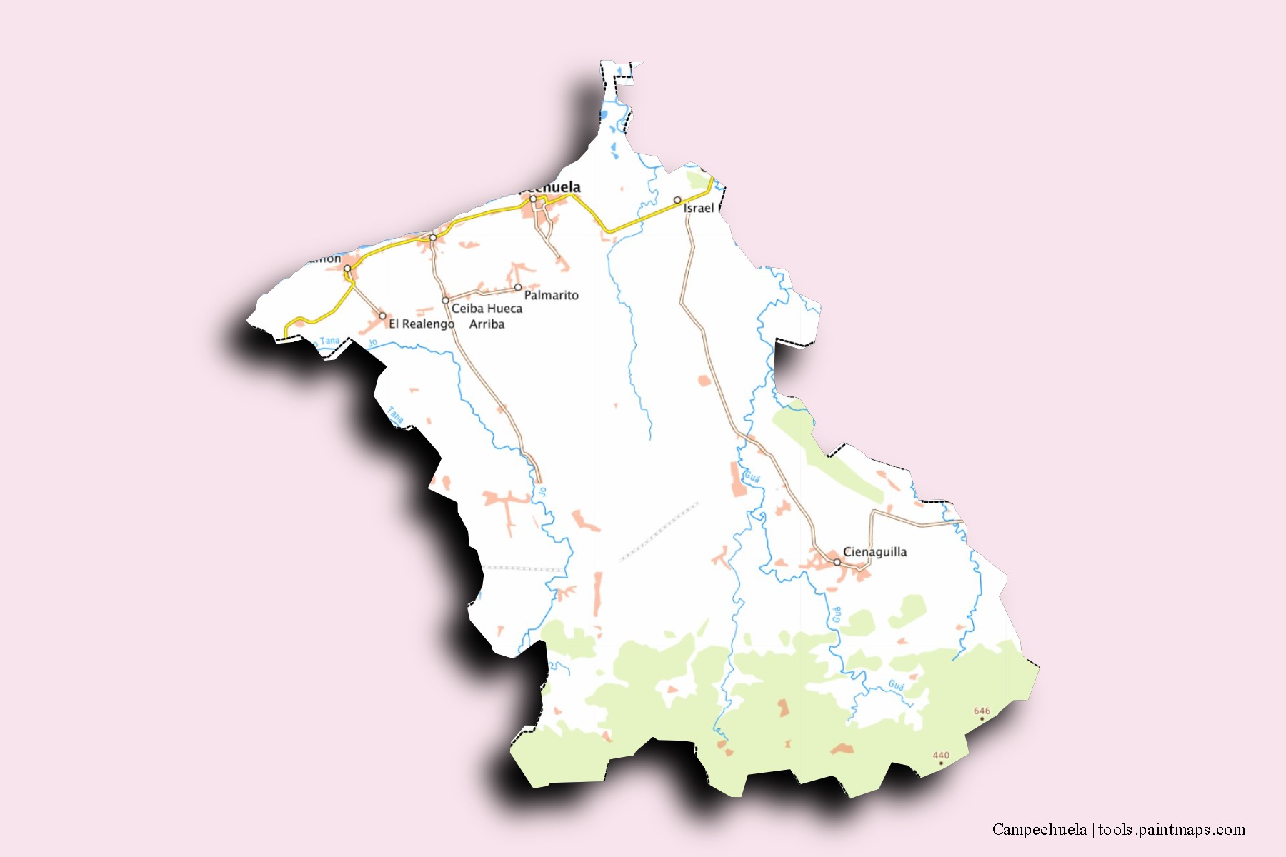 Mapa de barrios y pueblos de Campechuela con efecto de sombra 3D