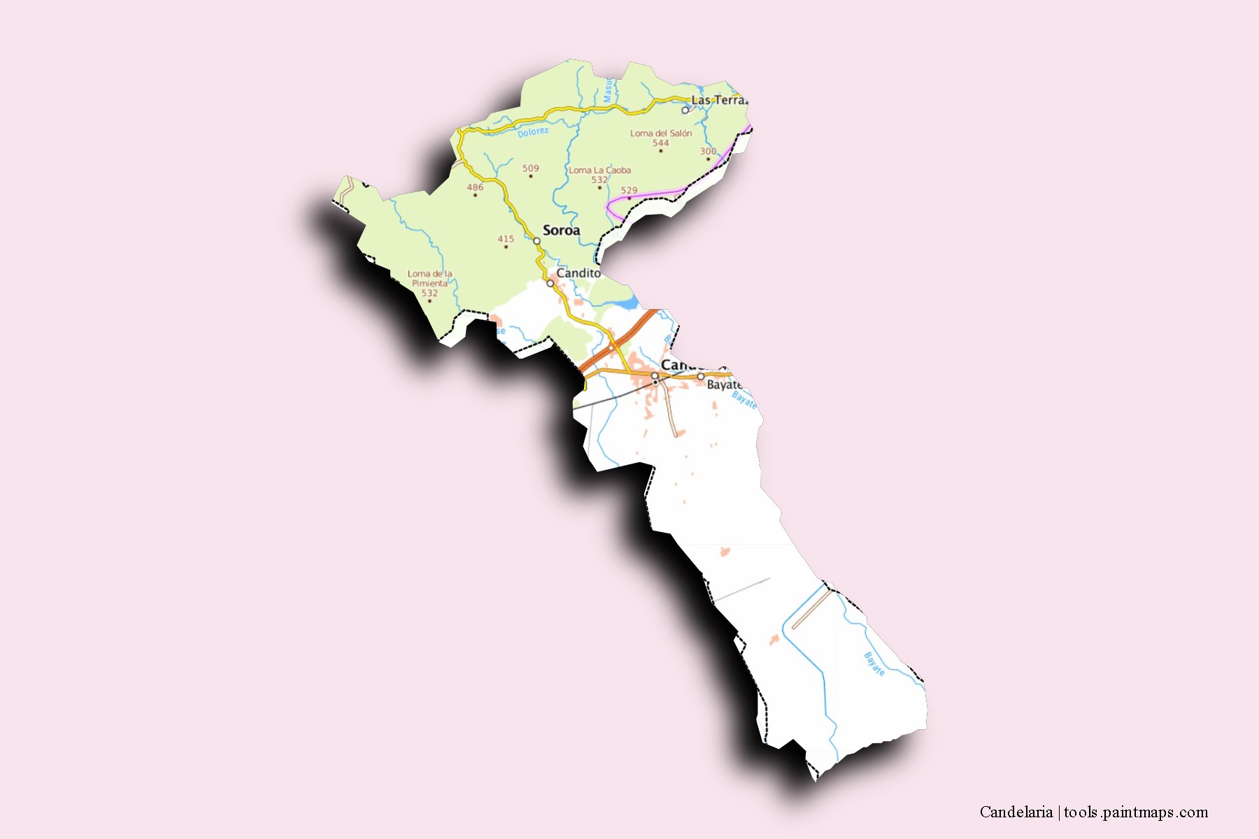 Mapa de barrios y pueblos de Candelaria con efecto de sombra 3D