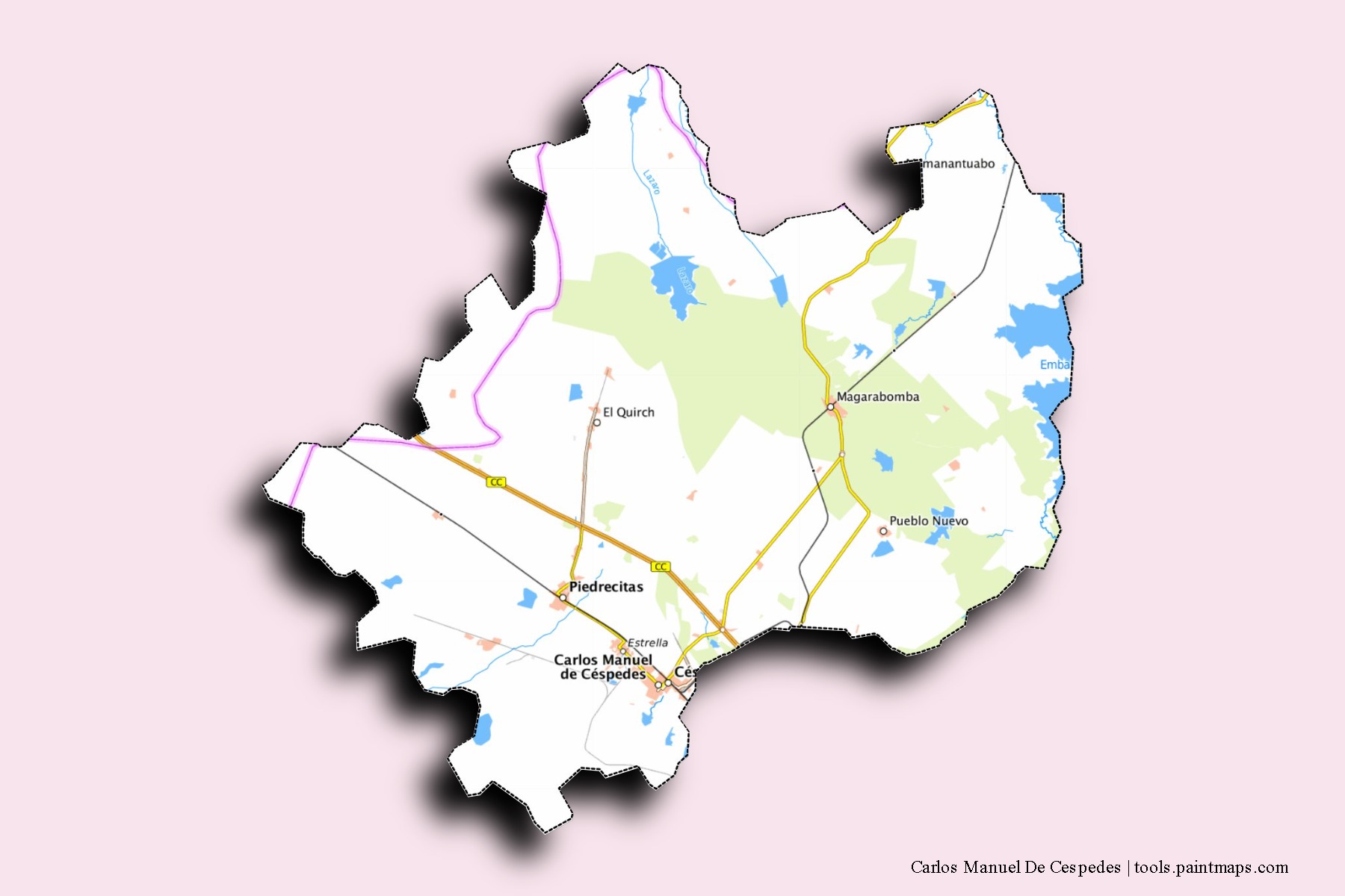 Mapa de barrios y pueblos de Carlos Manuel De Cespedes con efecto de sombra 3D