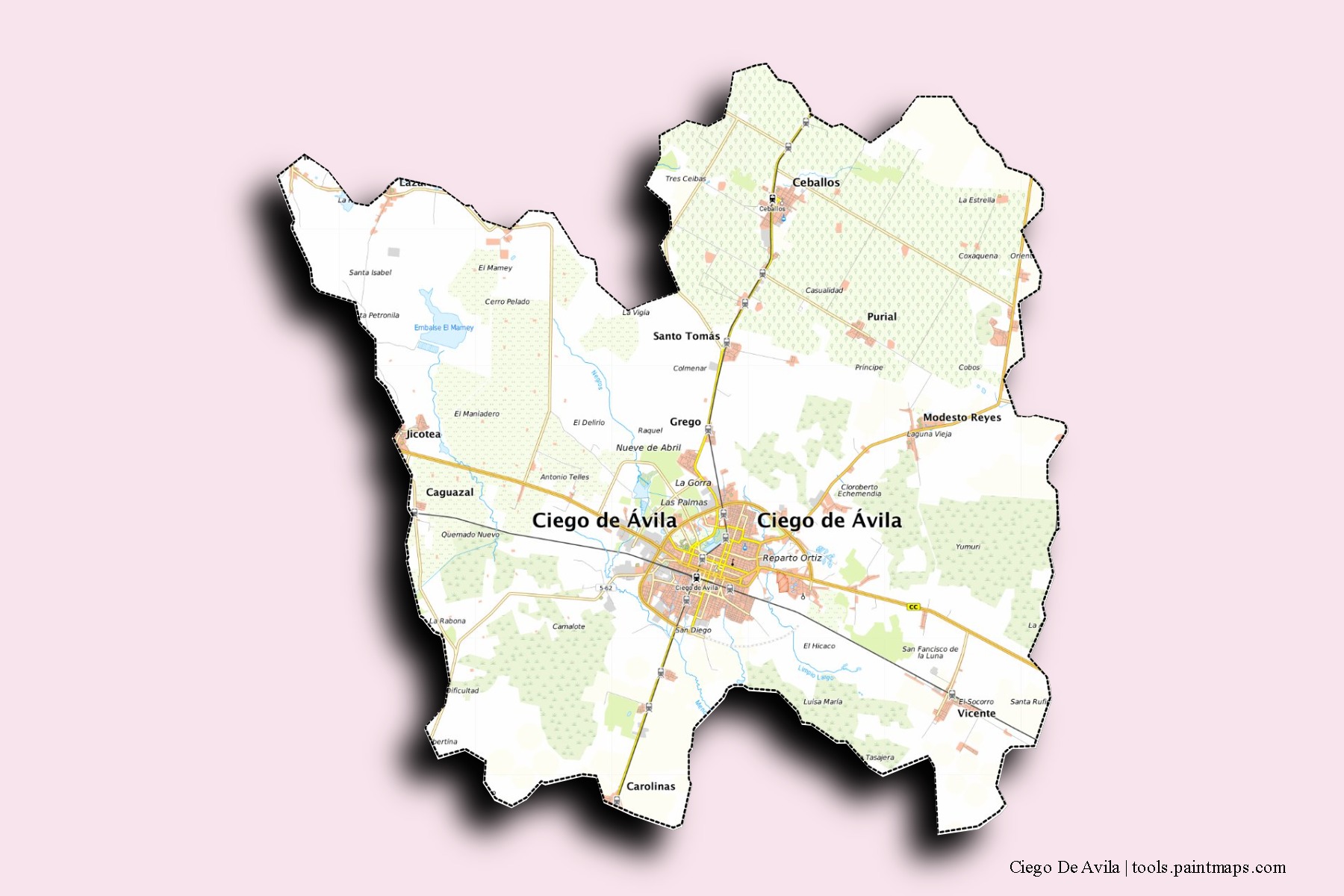 Mapa de barrios y pueblos de Ciego De Avila con efecto de sombra 3D