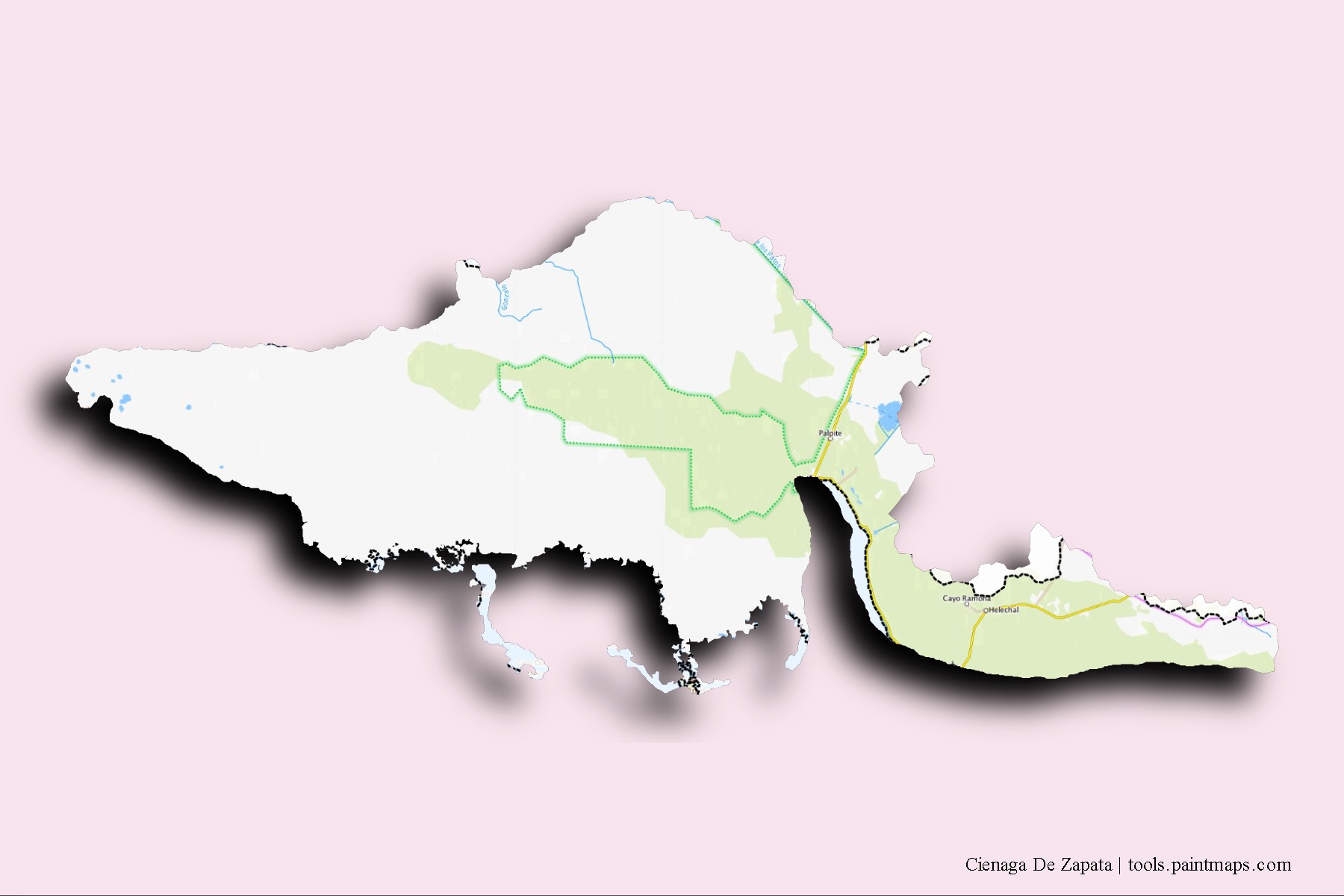 3D gölge efektli Cienaga De Zapata mahalleleri ve köyleri haritası