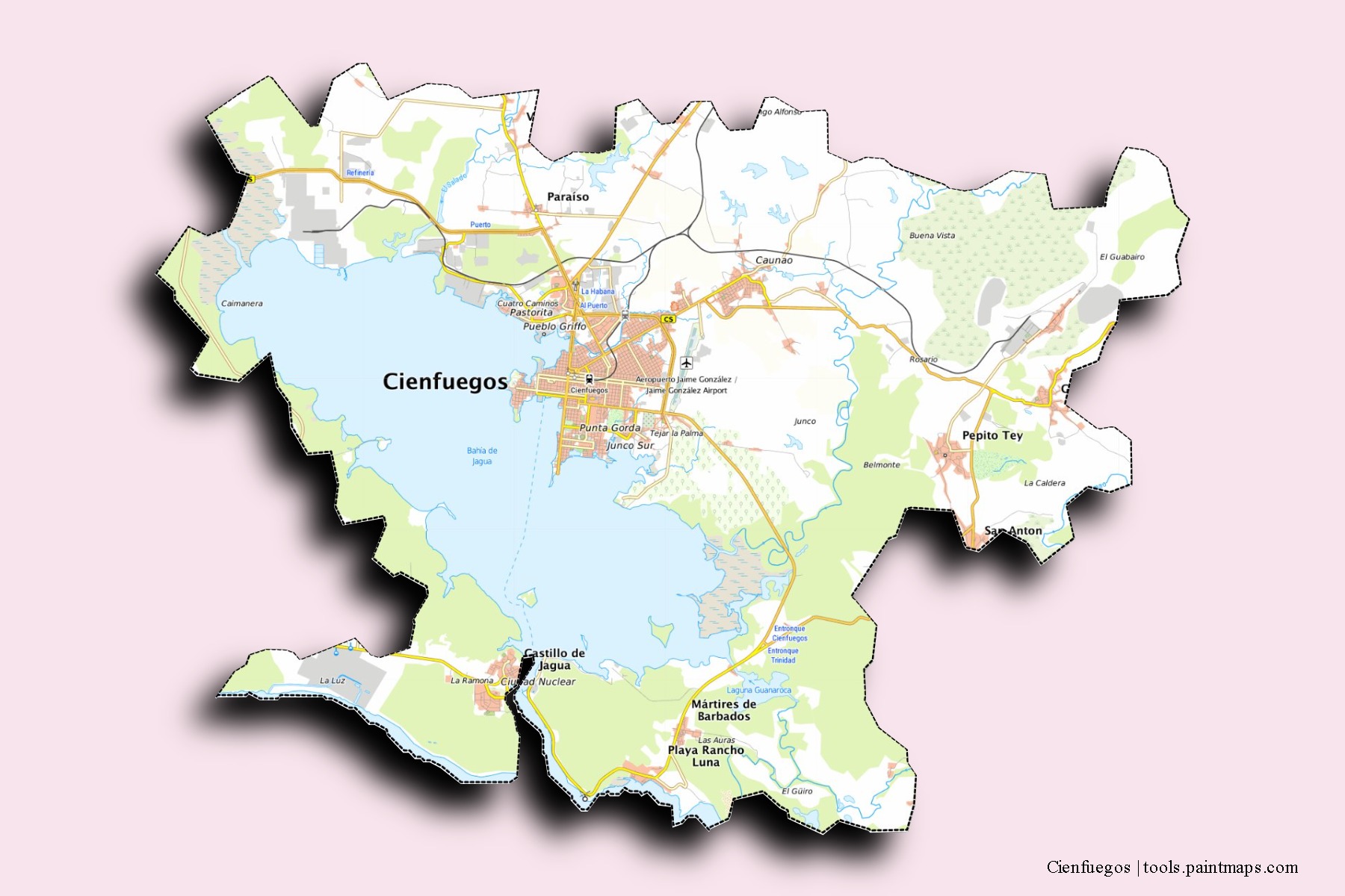 Mapa de barrios y pueblos de Cienfuegos con efecto de sombra 3D