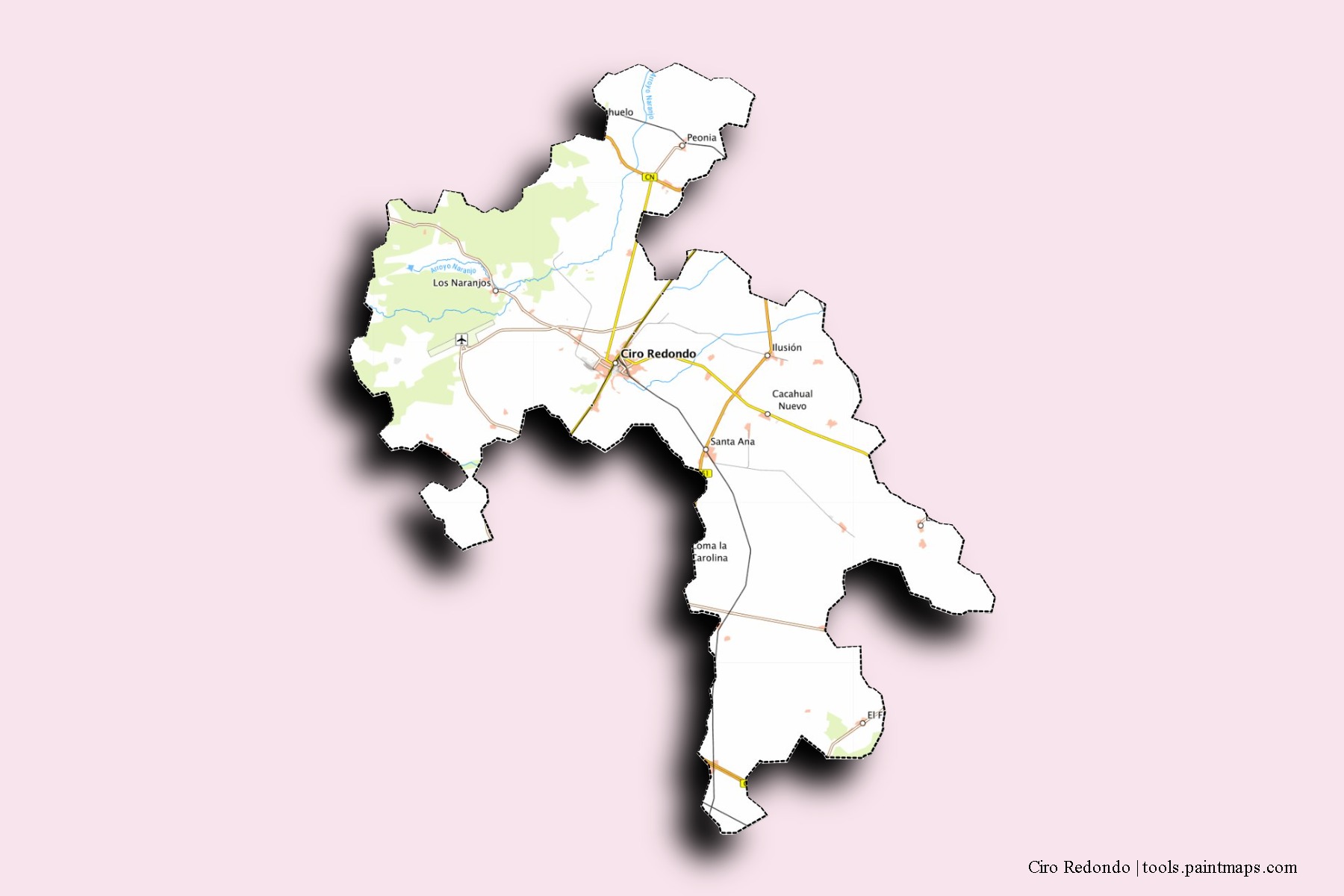 Mapa de barrios y pueblos de Ciro Redondo con efecto de sombra 3D