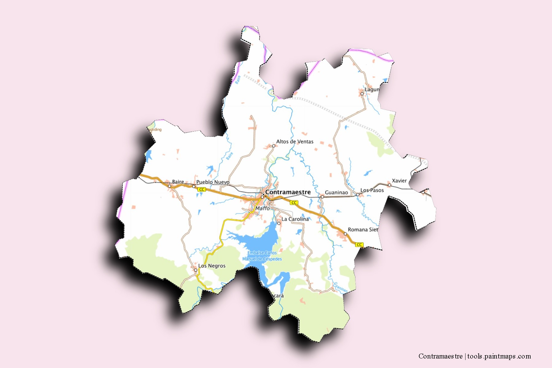 Mapa de barrios y pueblos de Contramaestre con efecto de sombra 3D