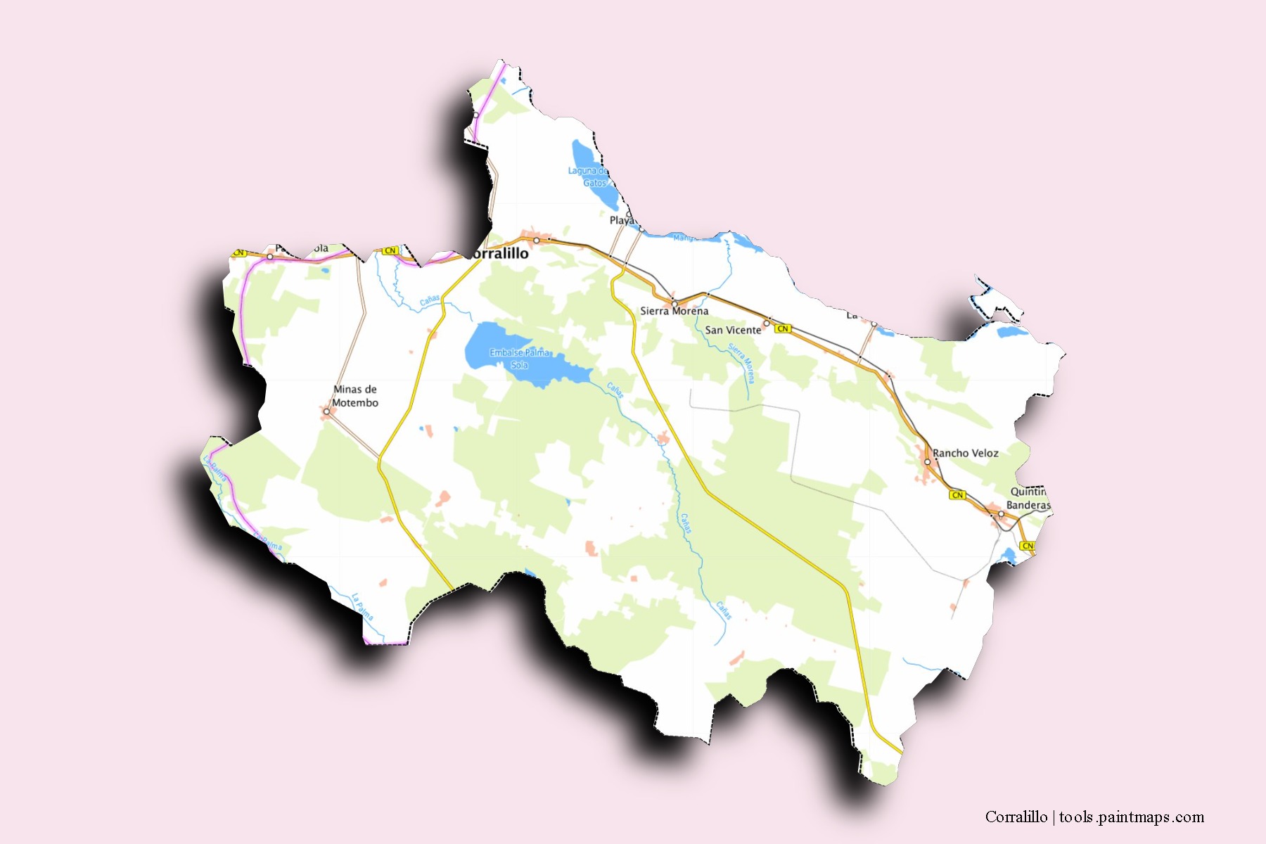 Mapa de barrios y pueblos de Corralillo con efecto de sombra 3D